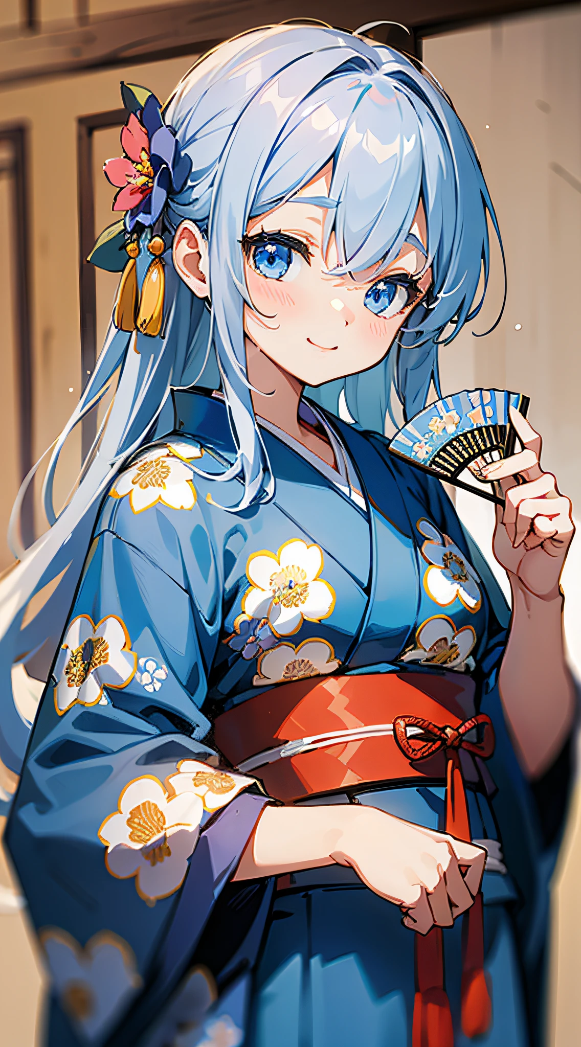Masterpiece, superlative, super high resolution, cute girl, half-body, ancient Chinese style, gray long hair, blue kimono, flower embellishment, blue eyes, hairpin, cute little loli, cute cute cute, thick paint, gentle smile, holding a fan
