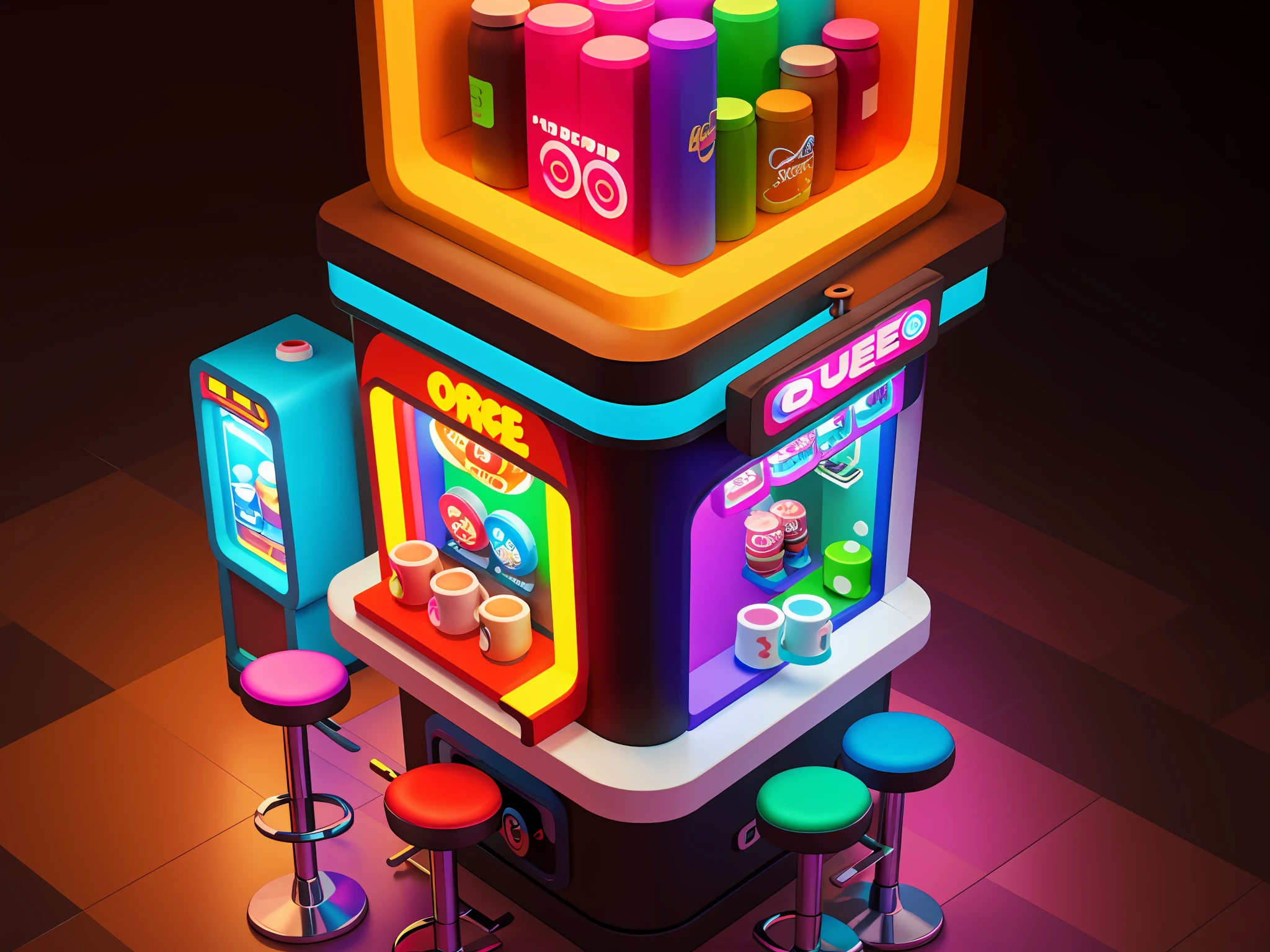 masterpiece, best quality, toon,3d, cyberpunk, arcade, bar, coffee shop