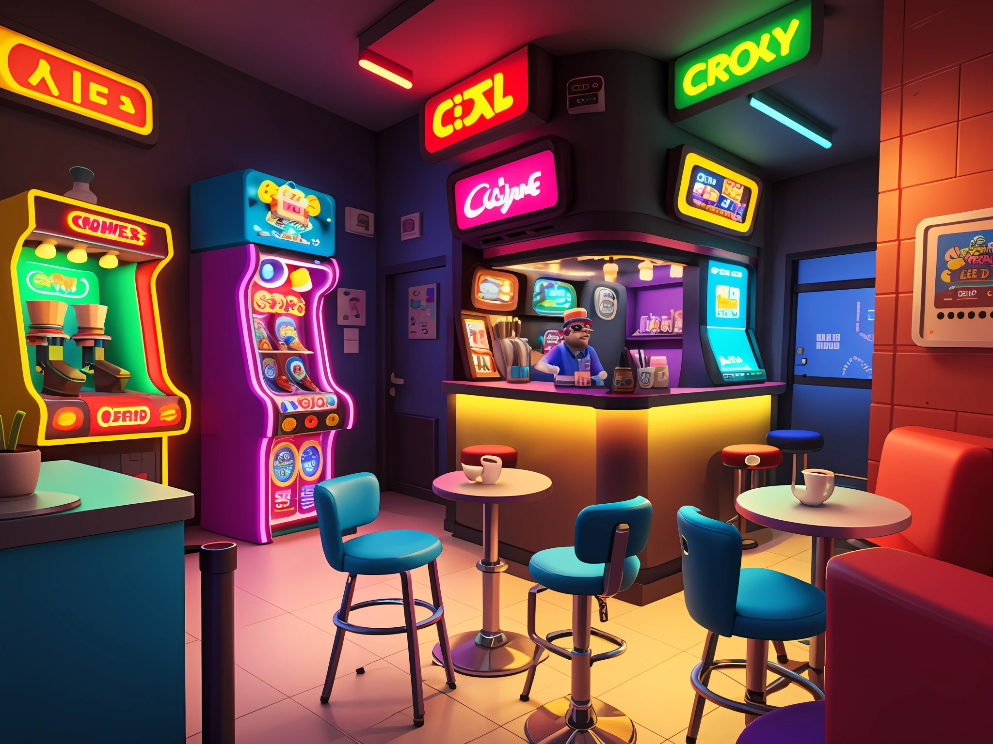 masterpiece, best quality, toon,3d, cyberpunk, arcade, bar, coffee shop