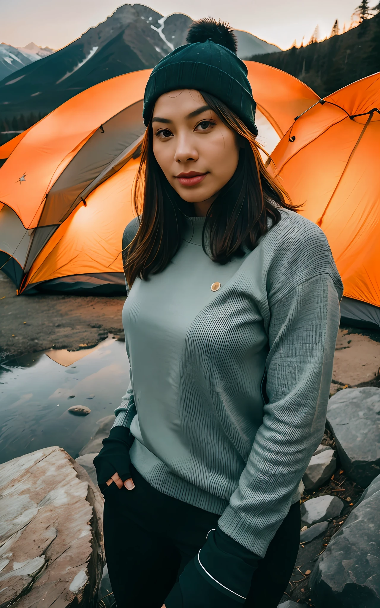 1 Asian woman ((upper body selfie, happy)), masterpiece, best quality, ultra-detailed, solo, outdoor, (night), mountains, nature, (stars, moon) cheerful, happy, backpack, sleeping bag, camping stove, kettle, hiking boots, gloves, sweater, hat, flashlight, forest, rock, river, wood, smoke, shadow, contrast, clear sky, simulation style (see viewer: 1.2) (skin texture) (film grain: 1.3), (warm tones, Warm colors: 1.2), close-up, cinematic light, side light, super high resolution, best shadows, RAW, upper body, wearing a jumper