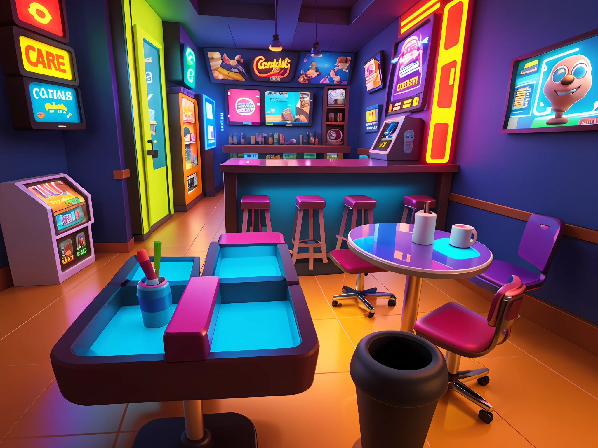 masterpiece, best quality, toon,3d, cyberpunk, arcade, bar, coffee shop