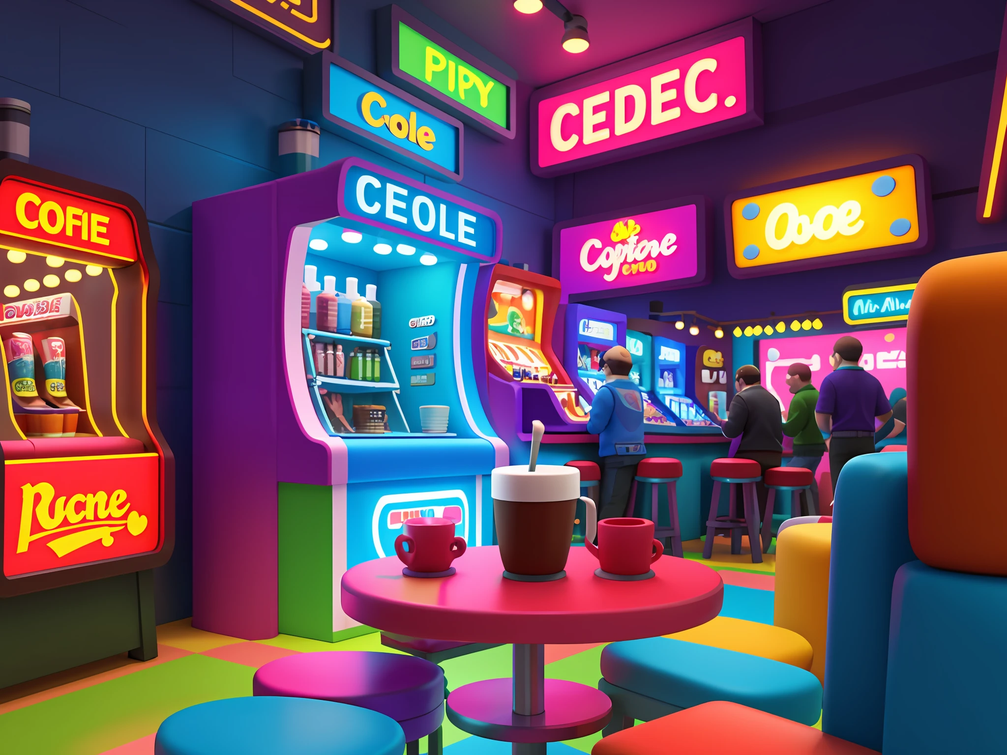 masterpiece, best quality, toon,3d, cyberpunk, arcade, bar, coffee shop