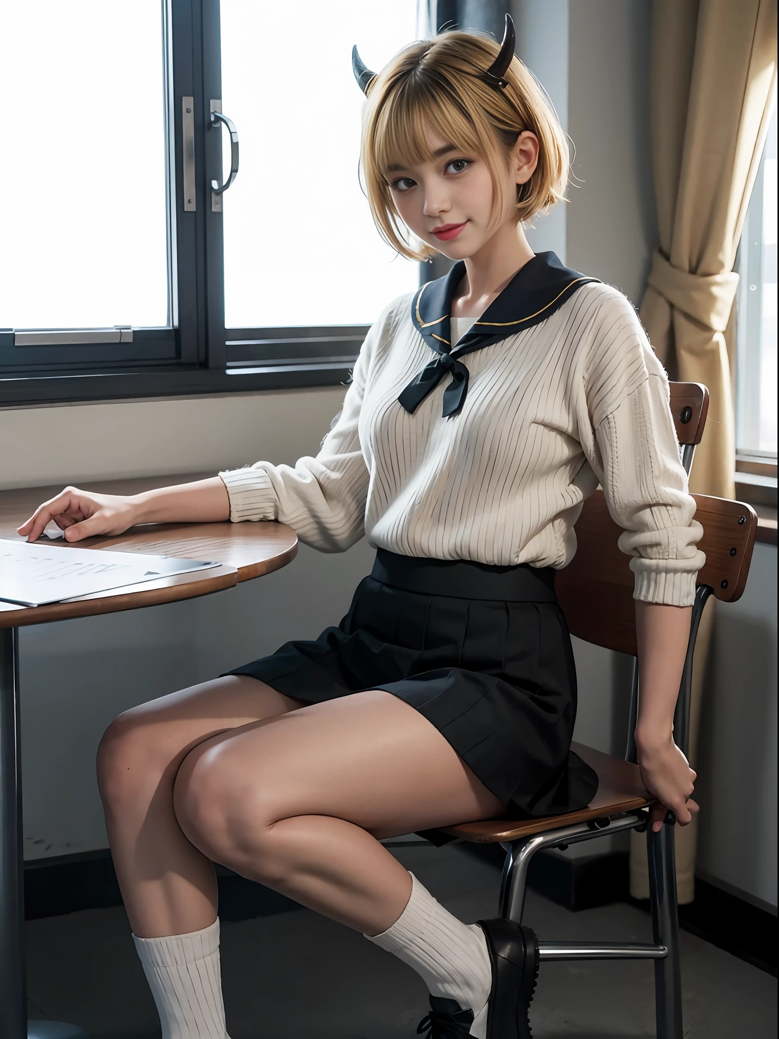 (Ultra Realistic), (3D), (CG), (High Definition), (8K), (Very Detailed), Memcho, Solo, One Girl, Blonde, Very Small Horns, Mini Skirt, Short Hair, Knitted Knee Socks, Uniform, Smile, Small Body, Small Breasts, Constriction, School, Classroom, Sailor Suit, Baby Face, Young Child, 15 Years Old, Bareface, Suppin