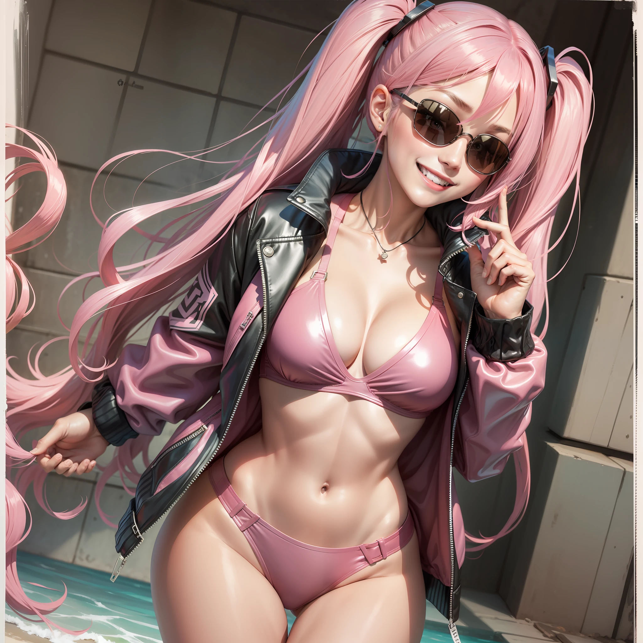 Swimsuit Bra Leather Jacket Girls Pair Sunglasses Top Quality Smile Masterpiece Long Hair Twin Tails Pink Hair