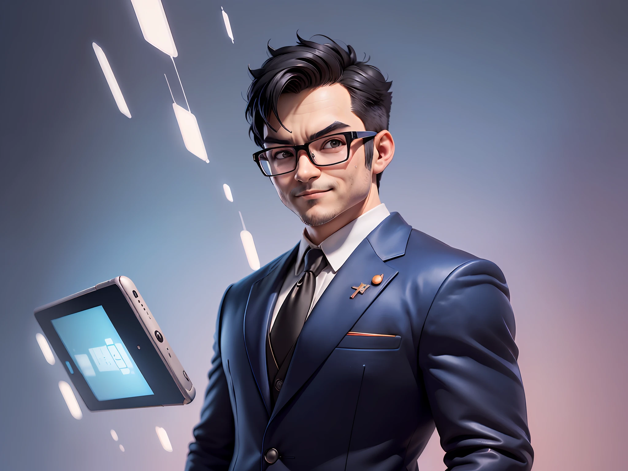 (((Masterpiece), (Excellent), (Super Meticulous), (Full Body: 1.2), Super Young Man, Oriental Face, Japanese Wind and Thunder God, Dragon, Tiger, TV Anchor, Bust Portrait Illustration, Alone, Black Formal Suit, Blue Tie, Slightly Chubby Face, Silver Glasses Face Very Clean No Beard, Black Super Short Hair, Black Eyes, Confident Smile, 3c Computer Sub-Products, iPad, iPhone, Digital Painting, 3D Character Design by Akira Toriyama and Mark Claireden and Pixar and Hayao Miyazaki, The illustration is a high-definition illustration in 4K resolution with very detailed facial features and cartoon-style visuals.