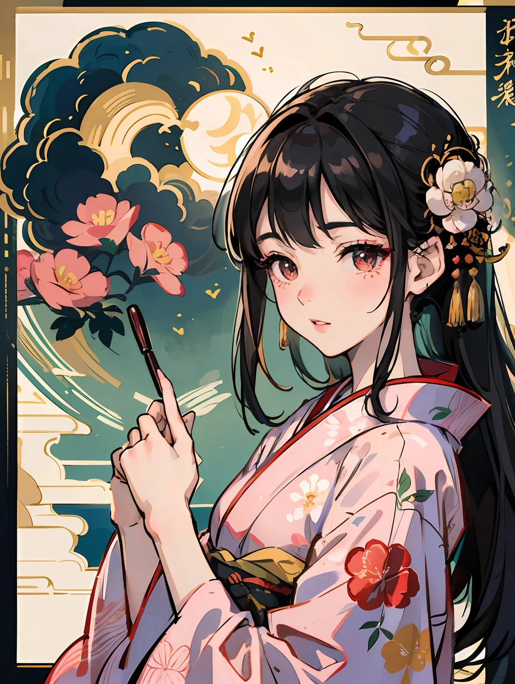 master-piece,hyper quality,hyper detailed,perfect drawing,solo、kimono beauty,kimono,black hair,japanese hair,half-open lips,sink eyes,elegant,splendid,beautiful,blush (0.2), glittering, beautiful, gorgeous, gentle, forward light, natural light, flowers and birds wind moon, Japanese-style room, lipstick painting gesture with index finger, accurate drawing, detailed drawing, --auto --s2