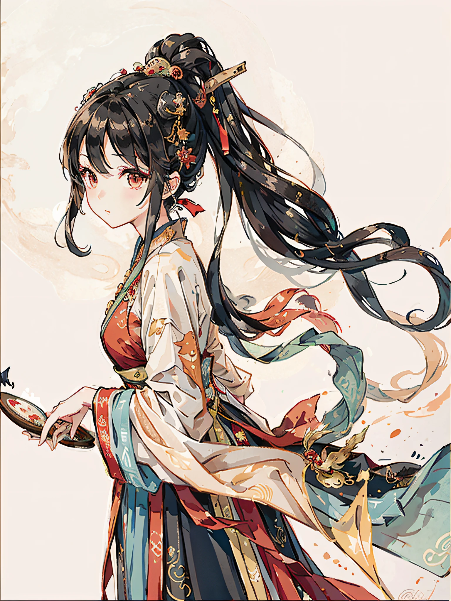 masterpiece, traditional chinese ink painting, 1 girl, long hair, look at viewer, tease, Spirit, loong, dunhuang_style, dunhuang_cloths, UHD  Dragon horn, A dragon is flying, 4k, best quality, super detail, award winning, high quality, best quality, high details