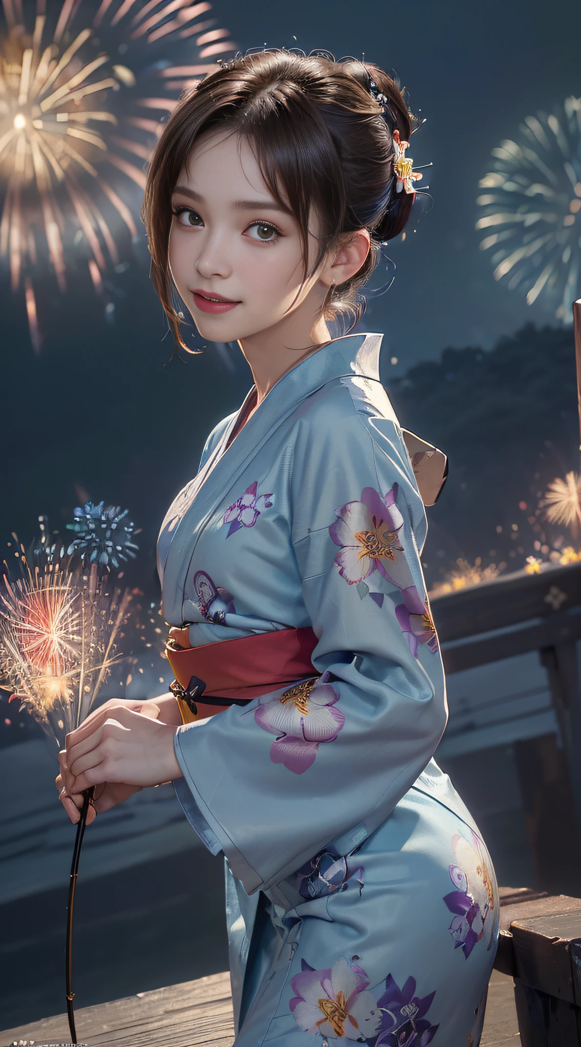 (pre-focus), (Darkness: 1.6), Cinema Lighting, Hyperreality by David Hockney and Alphonse Mucha, Women of Mu, Photoreal, Pale Skin, Dynamic Lighting, Art Station, Posters, Dark Lighting, (((Highly Detailed Face)), Eye Detail, 8K, One Girl, Cool Beautiful Face, High Nose, Female face like in Ghibli, slender, taut, (((Big)), erotic body, shoulder width, long legs, waist wide size, sexy style, waist constriction, (((small triangular face)), natural makeup, beautiful makeup, narrow eyes, pool, night, (((fireworks)), ((floral pattern yukata)), (((kimono)), waist girdle, cowboy shot, (formal wear: 1.4), hair details, hair is up, brown hair, background bokeh, (super low angle), frontal shot, small smile, various poses, (((positive face)), face does not collapse