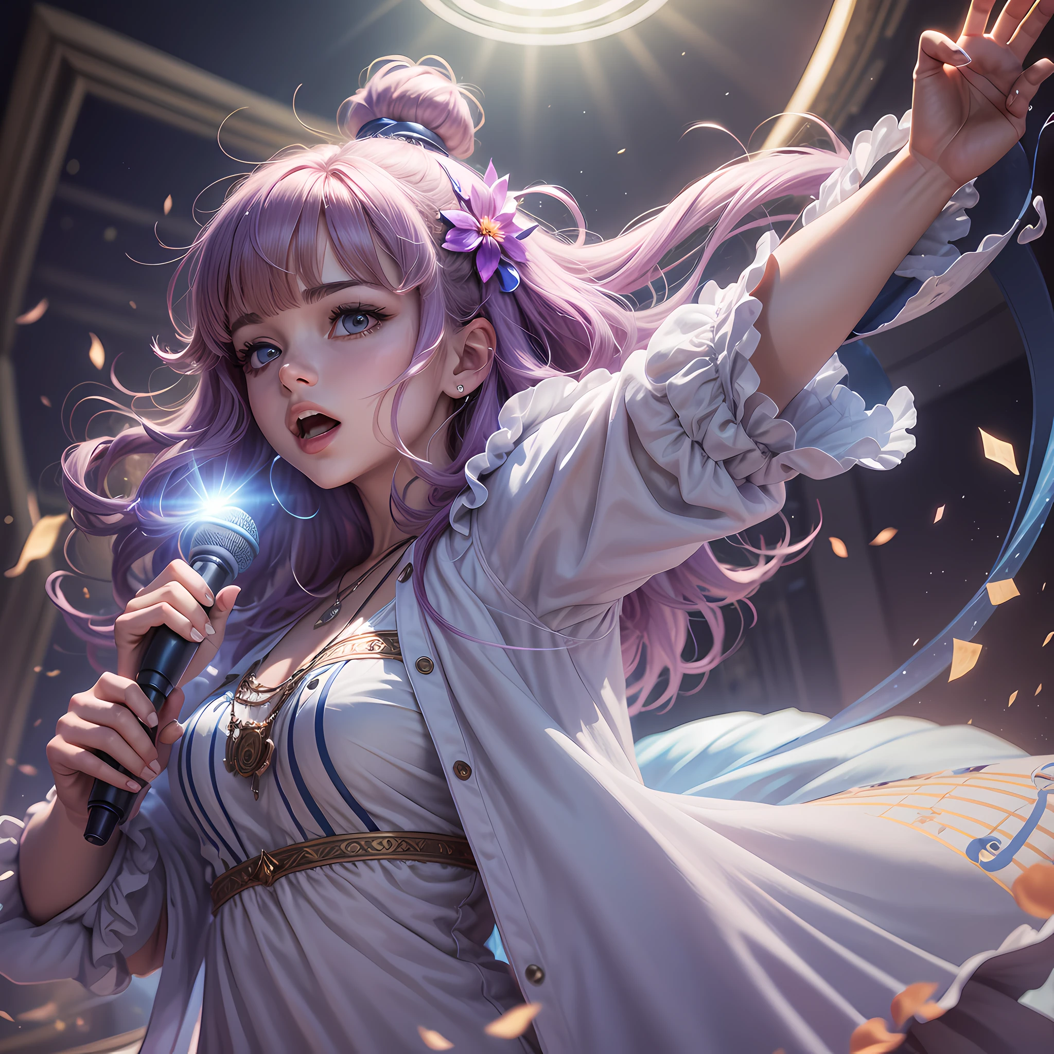 Q version of the cartoon character scene, a female high-pitched singer who resides in the light of the light, sings a moving song, melodicized into a musical note. A young man's singing voice, dancing, facial expressions, and drunkenness are like a dream. The magic of ringtone music, which fills the landscape of the setting, makes the visitor confused. --auto --s2