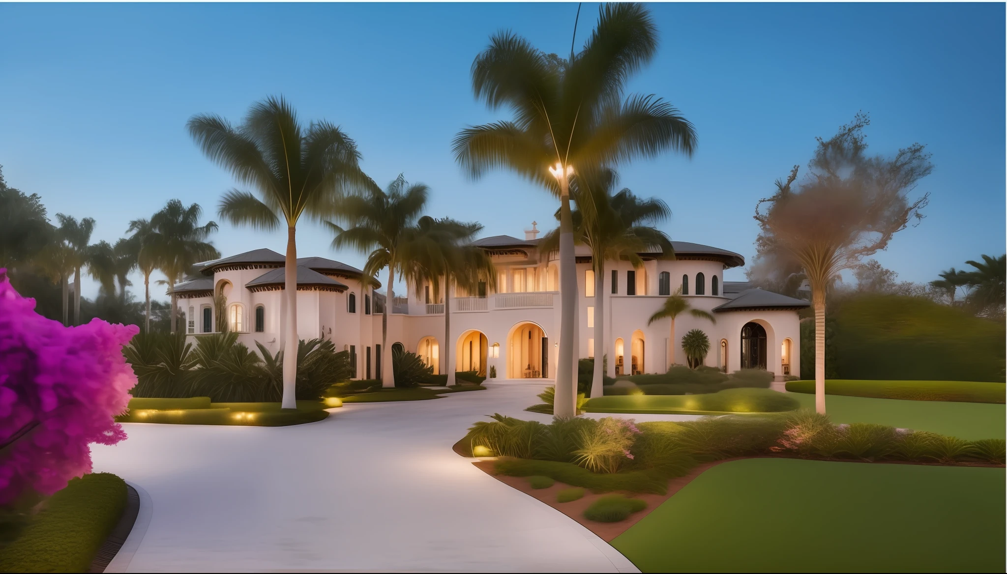 a close up of a driveway with a palm tree and a house, kicking a florida mansion, stunning masterpiece, beachfront mansion, front view dramatic, well-designed masterpiece, exquisite masterpiece, incredibly beautiful, with palm trees in the back, mansion, mediterranean architecture, beautifully symmetrical, huge mansion, a stunning masterpiece, night setting, large modern residence, extremely beautiful remove palm and add differnet tree
