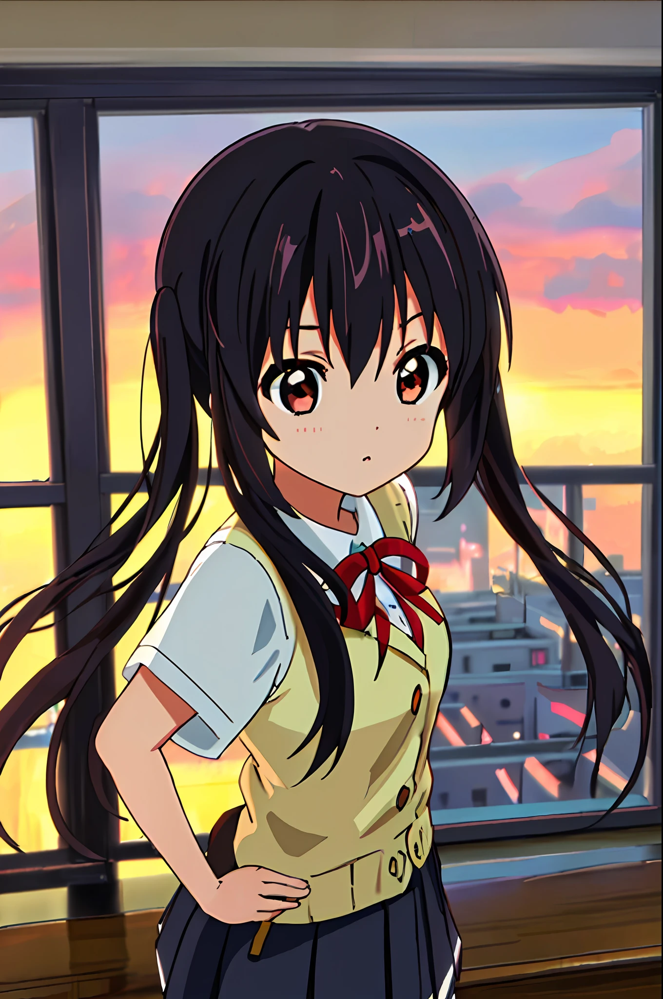 1girl, ((((Masterpiece))), Best Quality, Best Quality, High Detail, Azusa Nakano, 1girl, Sakuragaoka High School Uniform, Musical Instrument, School Uniform, Twin Tails, Long Hair, Black Hair, Brown Eyes, Solo, Red, Dark blue blazer with a thin ribbon of red, Solid white button shirt under blazer, Illustration, Cartoon, Soothing tones, Muted colors, Soft cinematic light, Adobe Lightroom, Photo Lab, HDR, complex and highly detailed, (((depth of field))))). (((Masterpiece))). (((highest quality))).) ((super detail))). (((Illustration))).Put your hands on your hips.Stretch your chest.View from the side.Look at the viewer.
