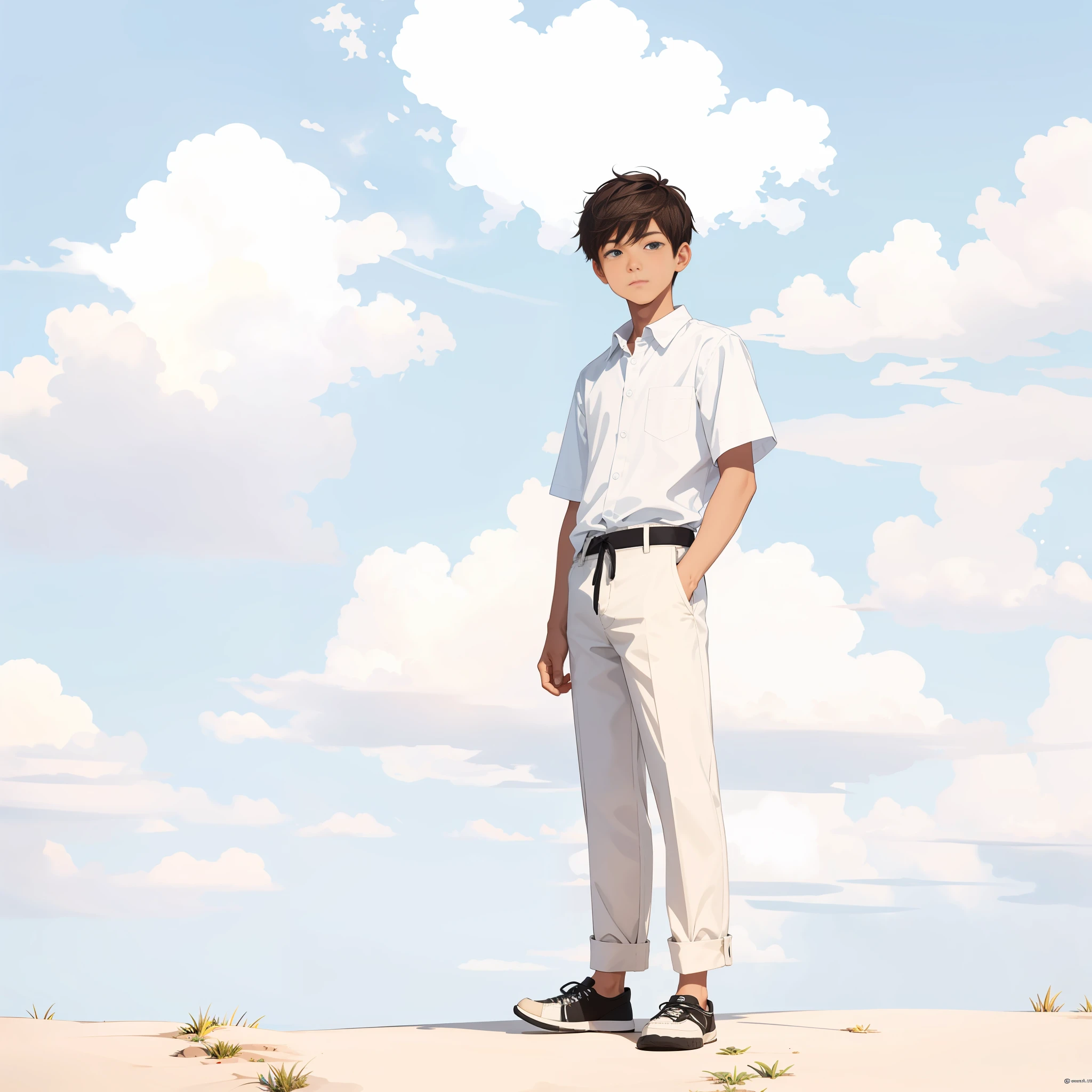 1boy, (ink primitive art: 1.2), (line art: 1.33), (best quality, masterpiece), superlative, teenage male, boy, boy, short hair, white skin, white shirt, trousers, muscles, petite, bright, clouds, wind, urban, colorful, outdoor, full body, simple background, brunette hair (beautiful detailed face, beautiful detailed eyes), hands relaxed, head slightly raised,