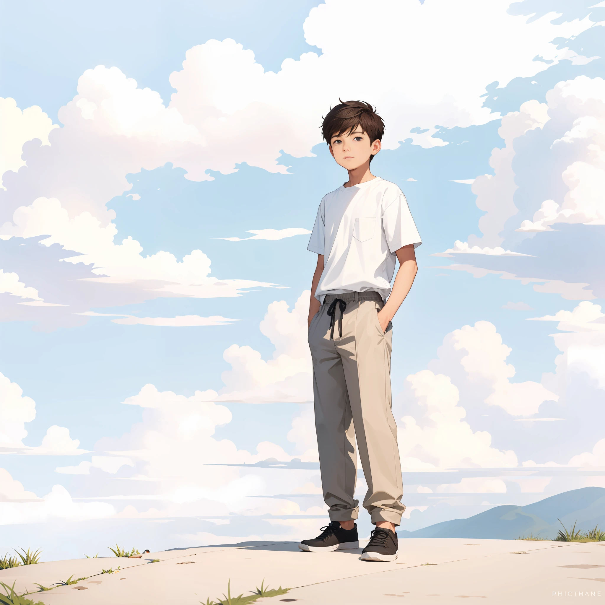 1boy, (ink primitive art: 1.2), (line art: 1.33), (best quality, masterpiece), superlative, teenage male, boy, boy, short hair, white skin, white shirt, trousers, muscles, petite, bright, clouds, wind, urban, colorful, outdoor, full body, simple background, brunette hair (beautiful detailed face, beautiful detailed eyes), hands relaxed, head slightly raised,