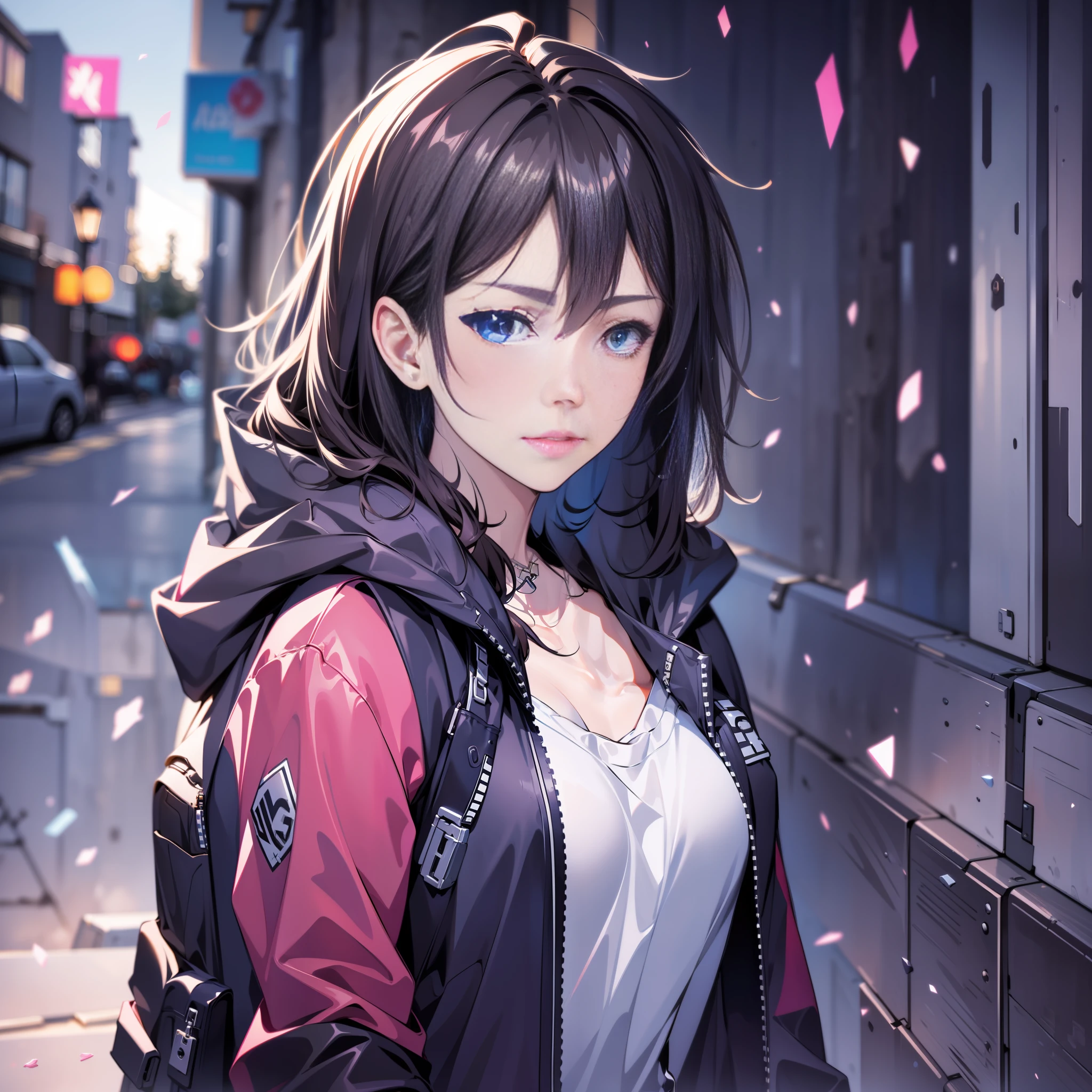 1girl, jacket, rain, outdoor, hoodie, open jacket, chain, backpack, looking at another, messy hair, trending on artstation, 8k resolution, highly detailed, anatomically correct, sharp image, digital painting, concept art, trending on pixiv, style of makoto shinkai,