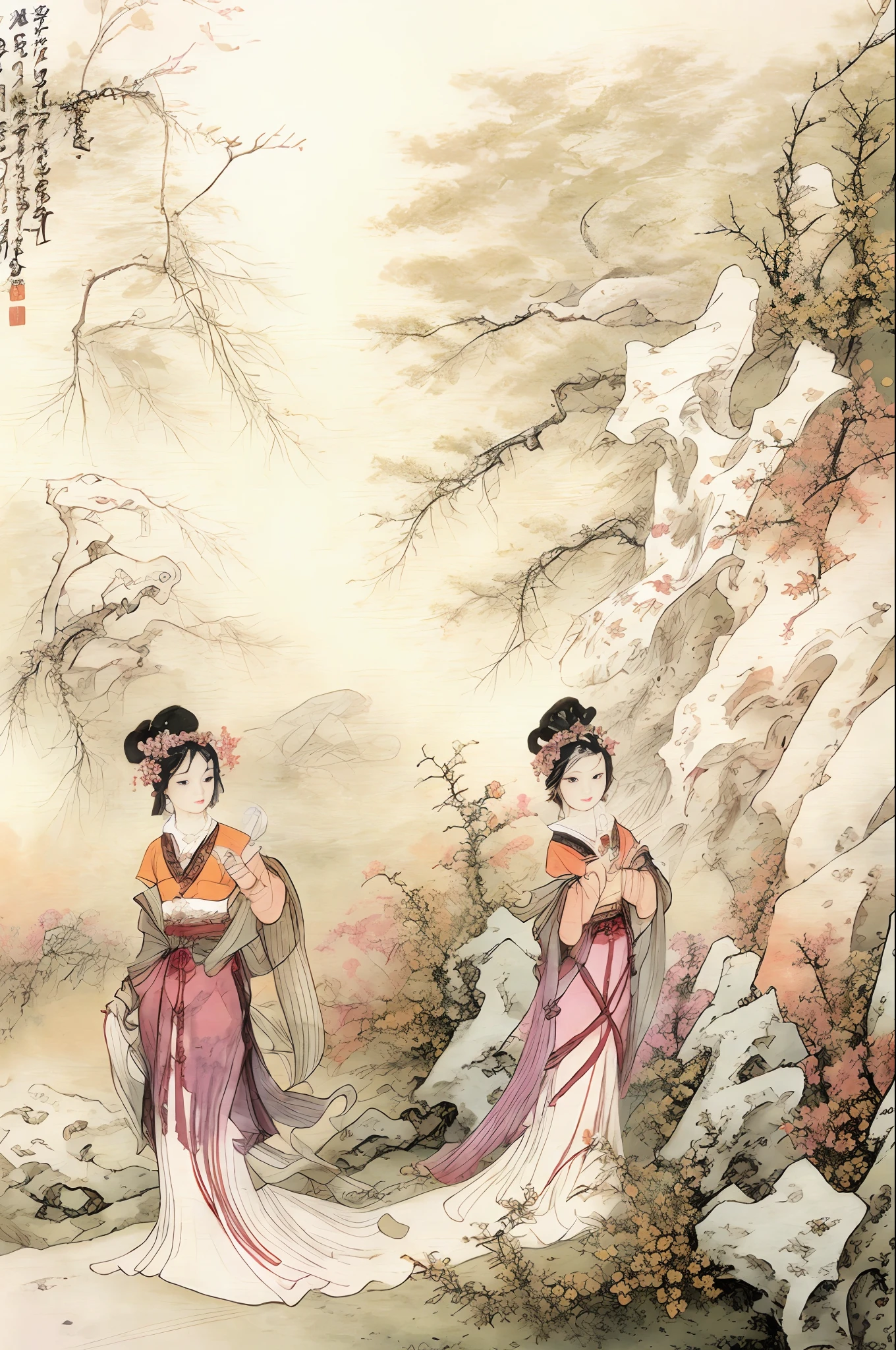 Masterpiece, Excellent, (Full body: 1.3), Solo, Chinese painting of Chinese girl beautiful face and eye details, tang, perfect skin, make happy expressions, gorgeous, pure, light makeup, jade jewelry, hair accessories, hair band, look at the audience, colorful, clear sharp focus, Instagram most watched, concept artist, distant mountains, depth of field, flowers, shrubs