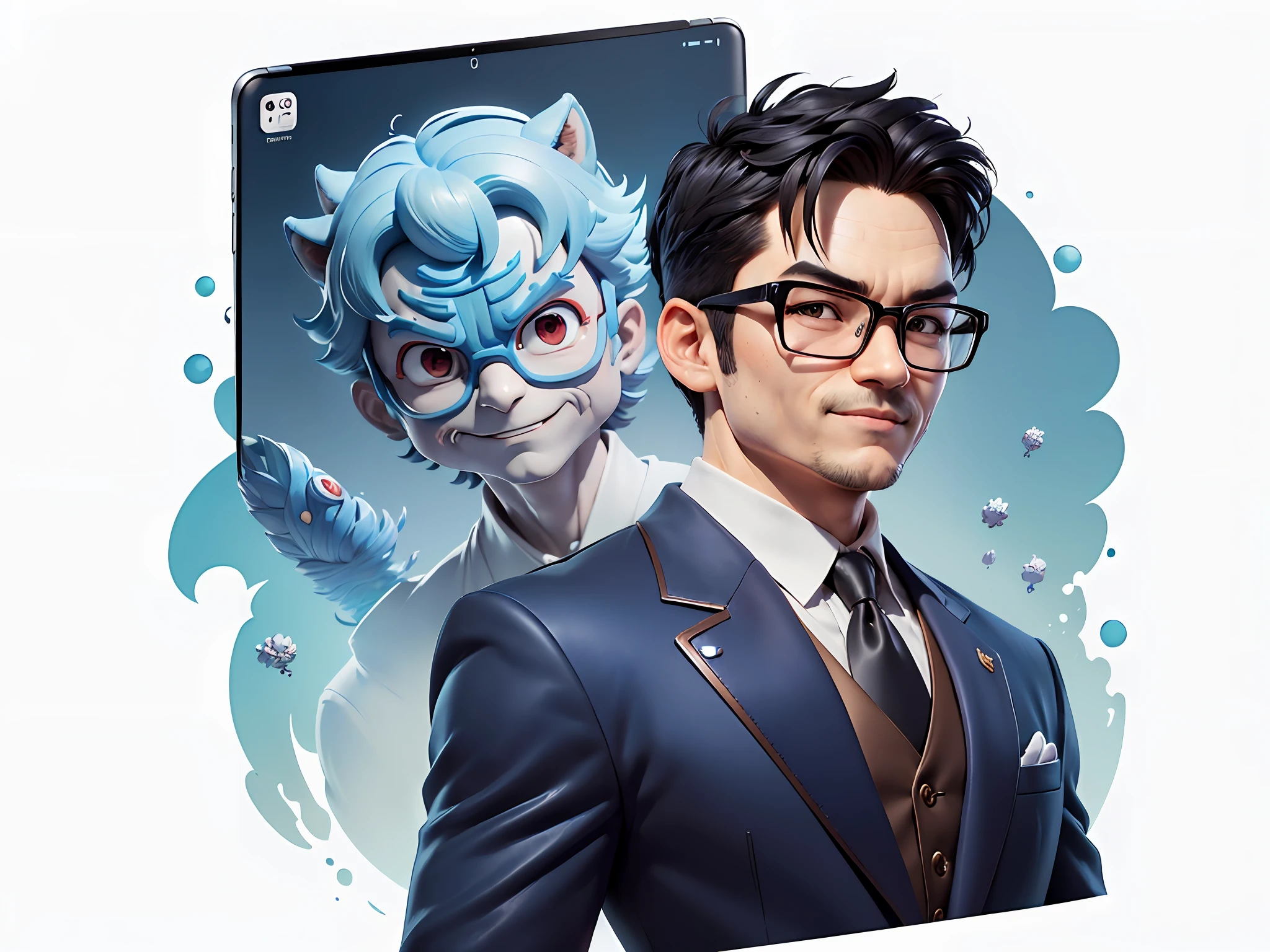 (((Masterpiece), (Excellent), (Super Meticulous), (Full Body: 1.2), Super Young Man, Oriental Face, Japanese Wind and Thunder God, Dragon, Tiger, TV Anchor, Bust Portrait Illustration, Alone, Black Formal Suit, Blue Tie, Slightly Chubby Face, Silver Glasses Face Very Clean No Beard, Black Super Short Hair, Black Eyes, Confident Smile, 3c Computer Sub-Products, iPad, iPhone, Digital Painting, 3D Character Design by Akira Toriyama and Mark Claireden and Pixar and Hayao Miyazaki, The illustration is a high-definition illustration in 4K resolution with very detailed facial features and cartoon-style visuals.