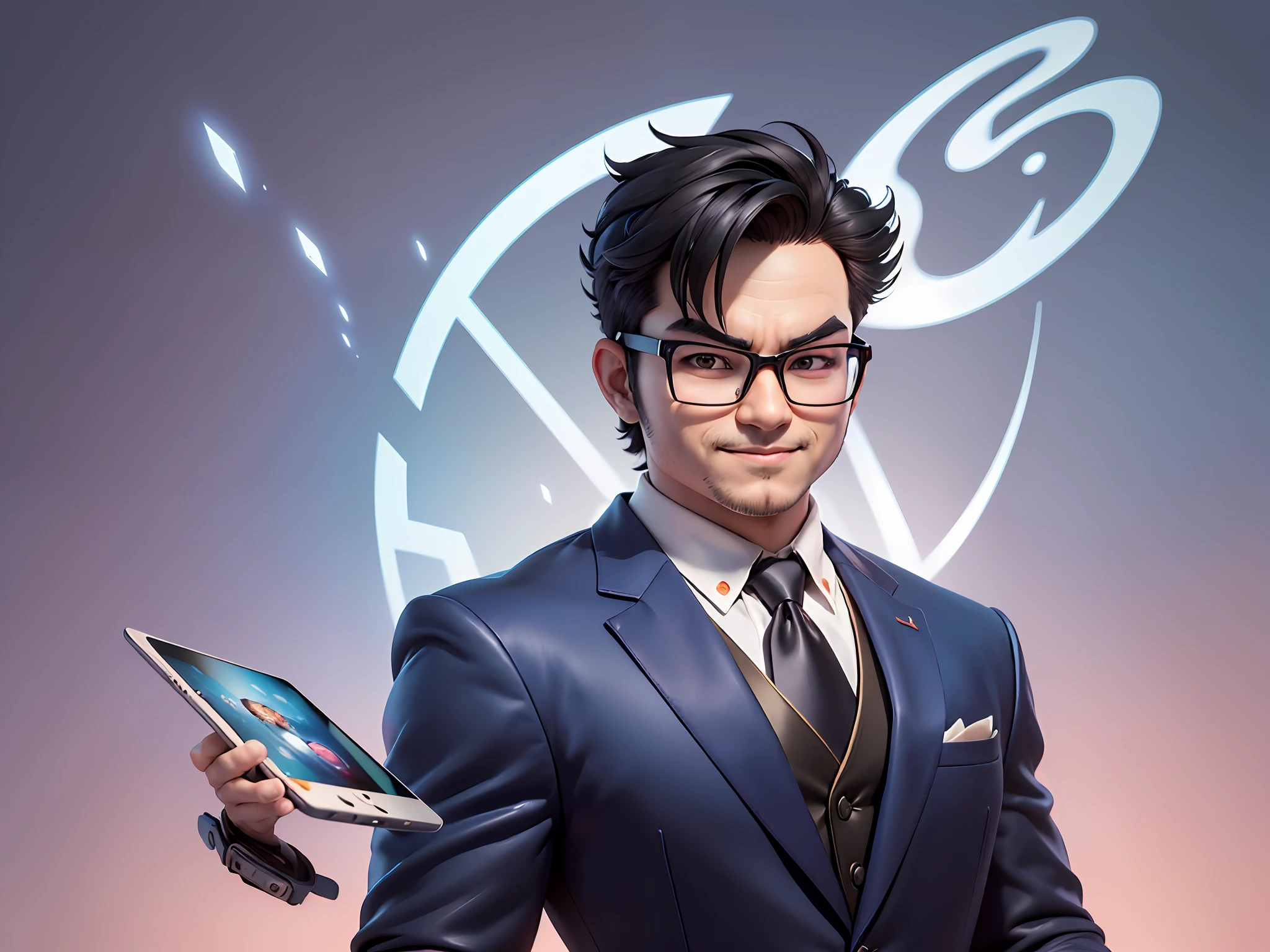 (((Masterpiece), (Excellent), (Super Meticulous), (Full Body: 1.2), Super Young Man, Oriental Face, Japanese Wind and Thunder God, Dragon, Tiger, TV Anchor, Bust Portrait Illustration, Alone, Black Formal Suit, Blue Tie, Slightly Chubby Face, Silver Glasses Face Very Clean No Beard, Black Super Short Hair, Black Eyes, Confident Smile, 3c Computer Sub-Products, iPad, iPhone, Digital Painting, 3D Character Design by Akira Toriyama and Mark Claireden and Pixar and Hayao Miyazaki, The illustration is a high-definition illustration in 4K resolution with very detailed facial features and cartoon-style visuals.