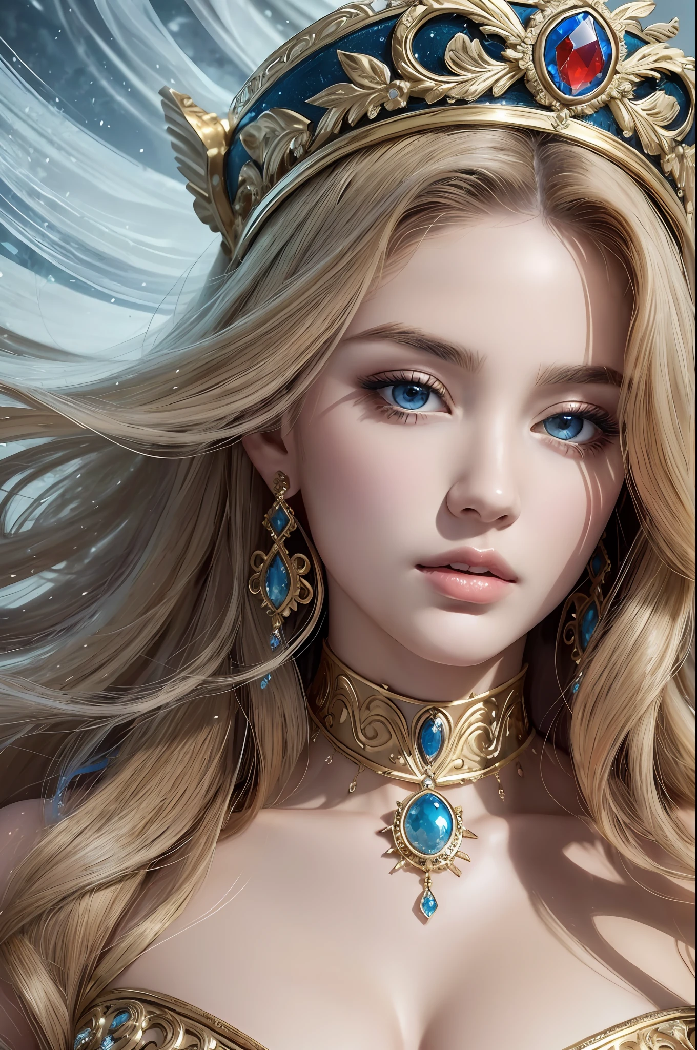Absurd, ultra-detailed, high quality, masterpiece,  detailed face, beautiful eyes(detailed eyes), Greek mythology, Goddess, Hera , the queen of the gods, striking and captivating, features are classically beautiful, with high cheekbones, a perfectly proportioned face, eyes depicted as large and captivating, hold an intense gaze, golden hair , hair is luxuriant and flowing, cascading down her back in waves , wearing elegant robes adorned with intricate patterns , Her beauty is not merely superficial but embodies the essence of power, authority, and regality.