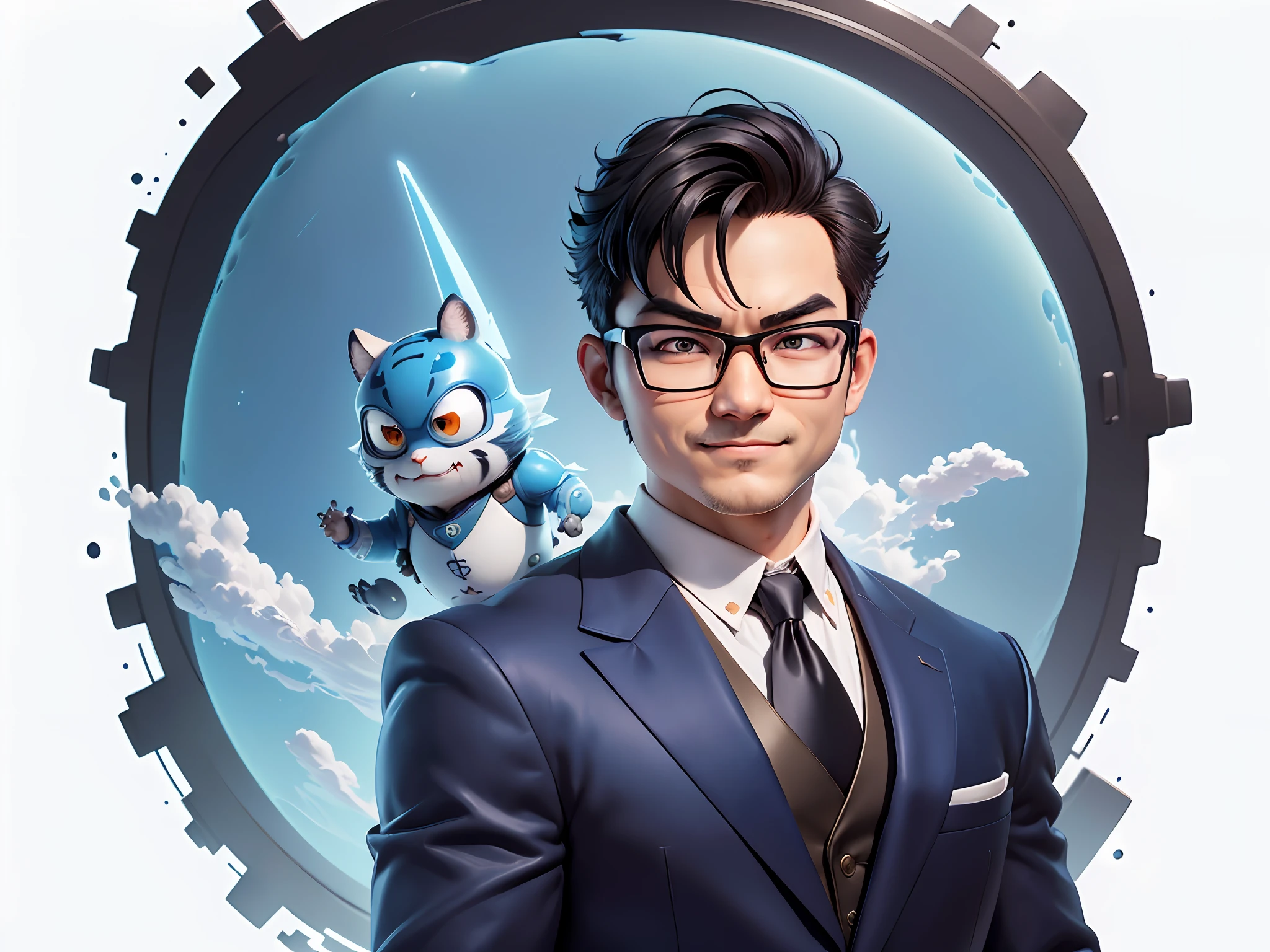 (((Masterpiece), (Excellent), (Super Meticulous), (Full Body: 1.2), Super Young Man, Oriental Face, Japanese Wind and Thunder God, Dragon, Tiger, TV Anchor, Bust Portrait Illustration, Alone, Black Formal Suit, Blue Tie, Slightly Chubby Face, Silver Glasses Face Very Clean No Beard, Black Super Short Hair, Black Eyes, Confident Smile, 3c Computer Sub-Products, iPad, iPhone, Digital Painting, 3D Character Design by Akira Toriyama and Mark Claireden and Pixar and Hayao Miyazaki, The illustration is a high-definition illustration in 4K resolution with very detailed facial features and cartoon-style visuals.
