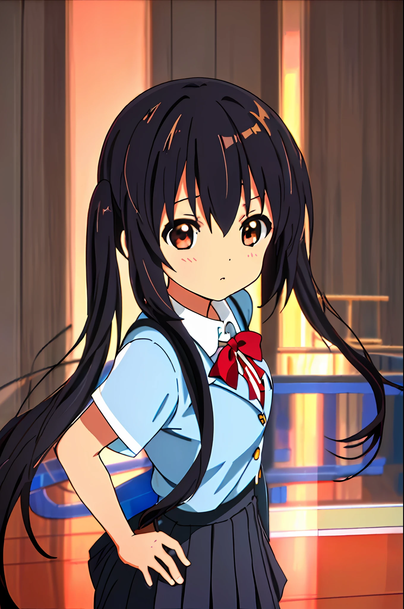 1girl, ((((Masterpiece))), Best Quality, Best Quality, High Detail, Azusa Nakano, 1girl, Sakuragaoka High School Uniform, Musical Instrument, School Uniform, Twin Tails, Long Hair, Black Hair, Brown Eyes, Solo, Red, Dark blue blazer with a thin ribbon of red, Solid white button shirt under blazer, Illustration, Cartoon, Soothing tones, Muted colors, Soft cinematic light, Adobe Lightroom, Photo Lab, HDR, complex and highly detailed, (((depth of field))))). (((Masterpiece))). (((highest quality))).) ((super detail))). (((Illustration))).Put your hands on your hips.Stretch your chest.View from the side.Look at the viewer.
