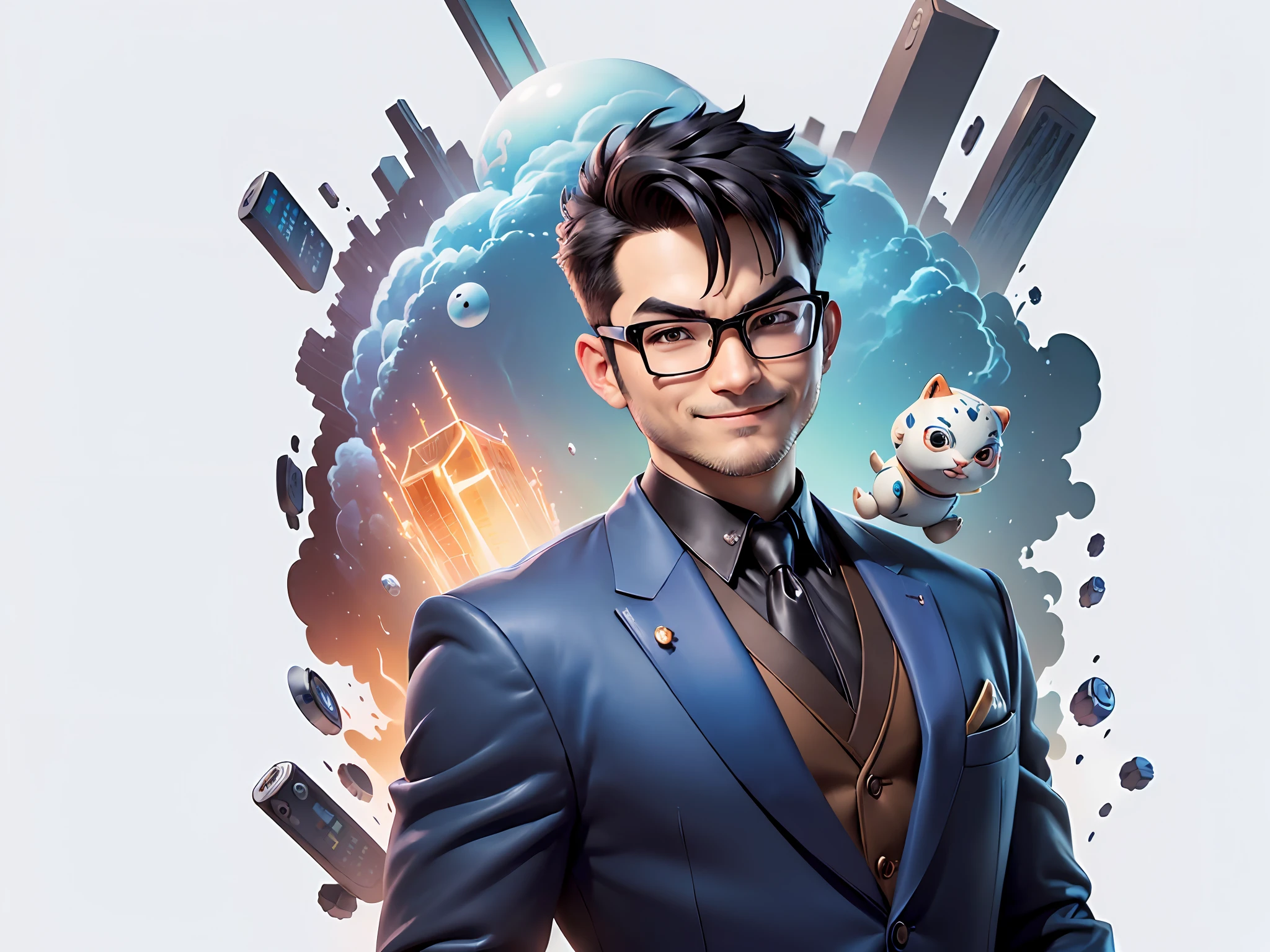 (((Masterpiece), (Excellent), (Super Meticulous), (Full Body: 1.2), Super Young Man, Oriental Face, Japanese Wind and Thunder God, Dragon, Tiger, TV Anchor, Bust Portrait Illustration, Alone, Black Formal Suit, Blue Tie, Slightly Chubby Face, Silver Glasses Face Very Clean No Beard, Black Super Short Hair, Black Eyes, Confident Smile, 3c Computer Sub-Products, iPad, iPhone, Digital Painting, 3D Character Design by Akira Toriyama and Mark Claireden and Pixar and Hayao Miyazaki, The illustration is a high-definition illustration in 4K resolution with very detailed facial features and cartoon-style visuals.