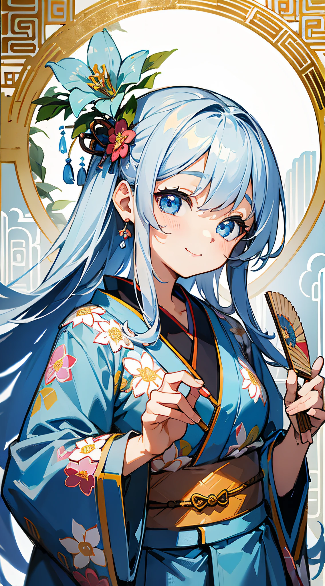 Masterpiece, superlative, super high resolution, cute girl, half-body, ancient Chinese style, gray long hair, blue kimono, flower embellishment, blue eyes, hairpin, cute little loli, cute cute cute, thick paint, gentle smile, holding a fan