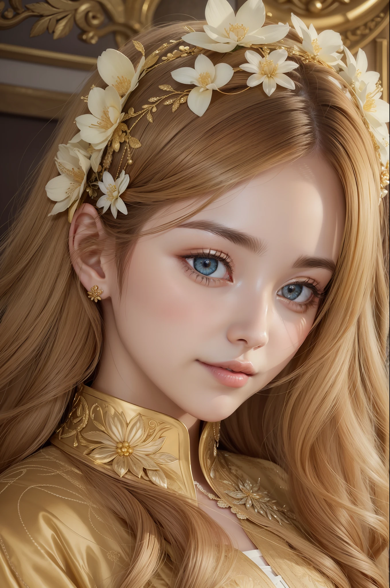 Absurd, ultra-detailed, high quality, masterpiece, detailed face, beautiful eyes(detailed eyes), Greek mythology Goddess, Hestia, goddess of the hearth and home, gentle and graceful, face exudes warmth and kindness, eyes described as soft and comforting, hold a gentle and steady gaze, golden hair color , The golden hue of her hair reflects her role as the goddess of the hearth , It falls in gentle waves, hair is adorned with simple floral accents, overall appearance is simple and modest, The fabric of her garments is usually depicted as soft and earth-toned, beauty lies not in extravagant adornments, Her smile is serene and welcoming