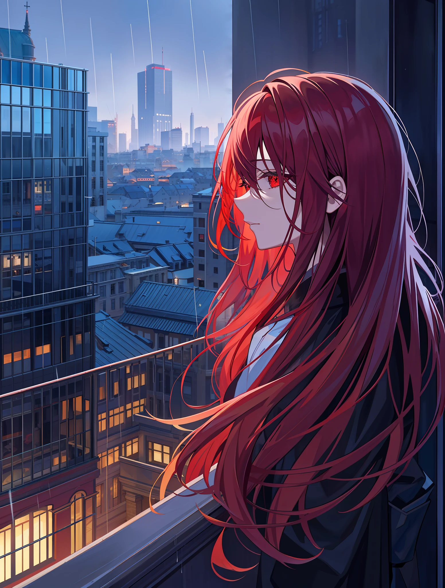 phred, scenery on a balcony of a building, no humans, city landscape, (masterpiece, best quality: 1.4), red theme, city, twilight, red-haired woman, rain, cowboy shot, close up,