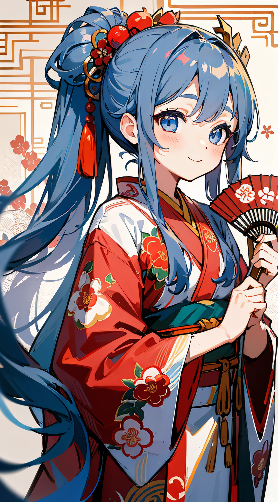 Masterpiece, super-high-resolution, cute girl, half-body, Chinese ancient style, gray long hair, red kimono, flowing long hair, double ponytail, flower embellishment, blue eyes, hairpin, cute little loli, cute cute cute, thick paint, gentle smile, holding a fan