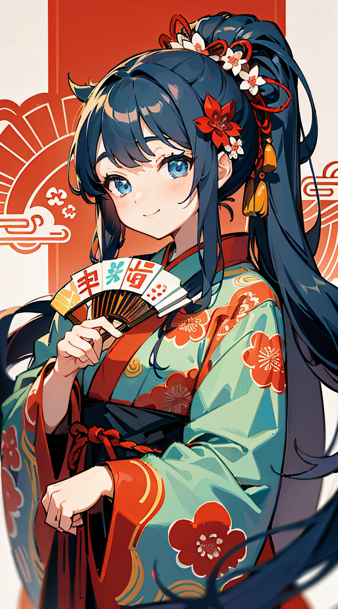 Masterpiece, super-high-resolution, cute girl, half-body, Chinese ancient style, gray long hair, red kimono, flowing long hair, double ponytail, flower embellishment, blue eyes, hairpin, cute little loli, cute cute cute, thick paint, gentle smile, holding a fan