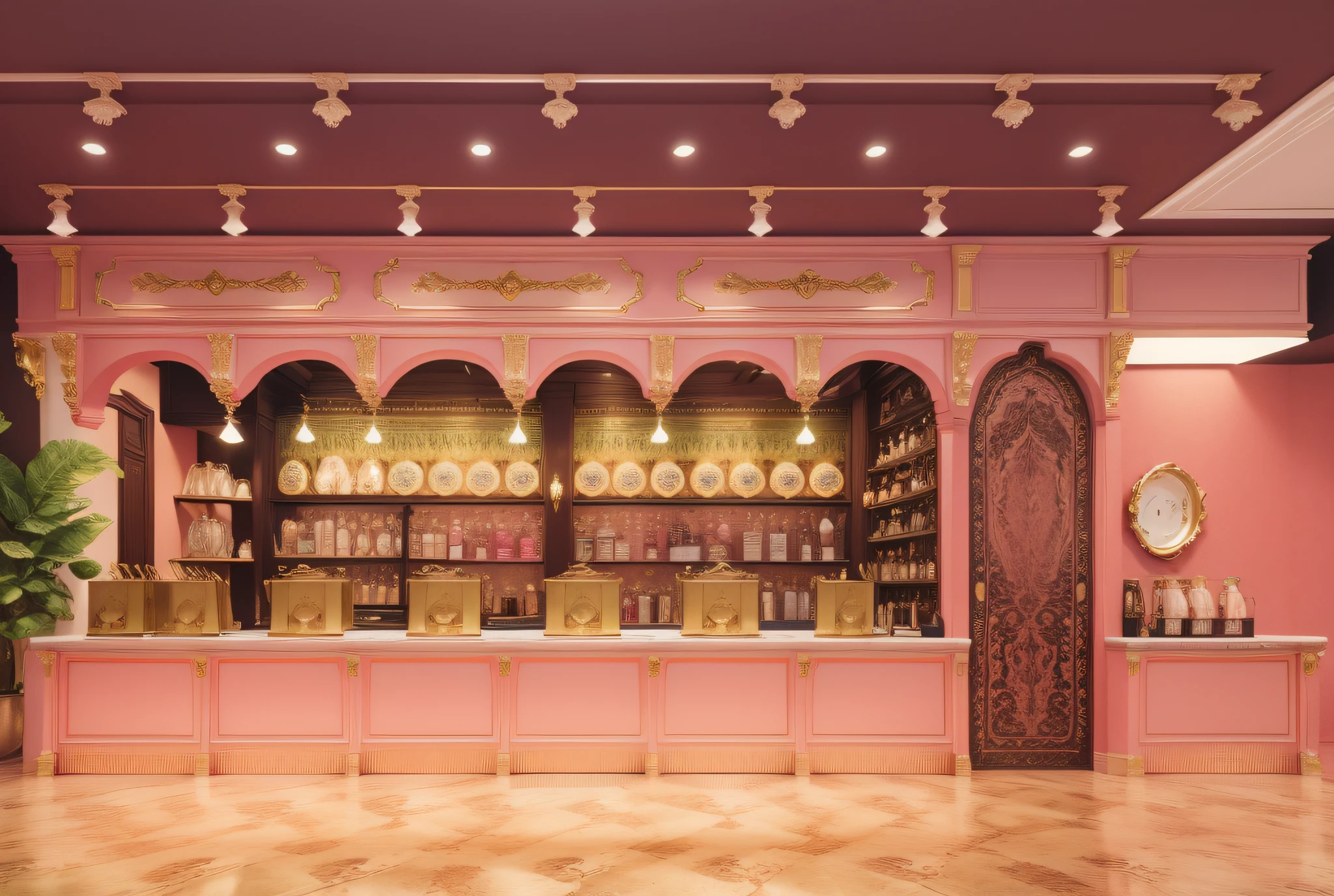 French style, Rococo space color matching, Rococo style, pink space, selling tea set, European line, gold, realistic, rendering commercial space --auto --s2