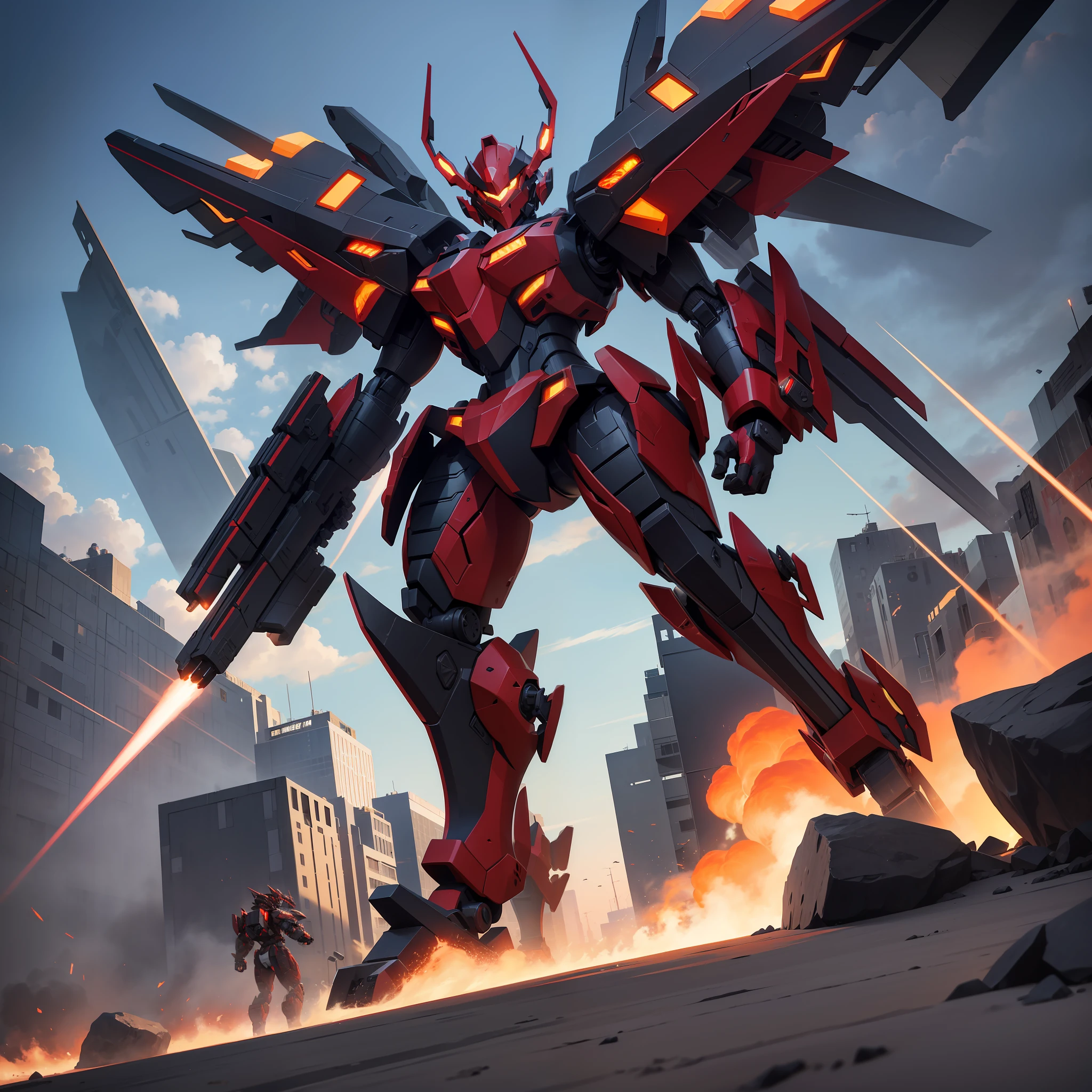Name: Fury of Fire Series Appearance: The mecha appearance design uses red and black as the main colors, presenting a feeling of battle and fanaticism. The mech head is designed to resemble a fire dragon's head, with eye-like lights on the sides. The chest of the mech is shaped to resemble armor, with red decorations and lights. Mecha limbs are designed to resemble dragon claws in shape, complete with black decorations and lights. The back of the mech is equipped with armor similar to dragon wings. Abilities: The Flame Fury series of mechs has powerful attack and defense capabilities and can perform combat missions on the ground and in the air. The mech is equipped with advanced thrusters and flight systems that can conduct efficient operations in the air. The mech is also equipped with a powerful weapon system, including rocket launchers and laser weapons, which can deliver highly effective strikes against enemy targets. The mech's shield system effectively reduces attacks from enemy opponents while also possessing powerful counterattacks.