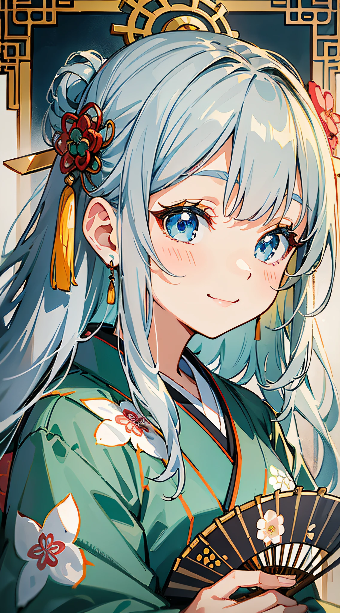 Masterpiece, Superb Quality, Super High Resolution, Cute Girl, Half, Chinese Antique Style, Long Gray Hair, Long Green Kimono, Intricate Design, Flower Embellishment, Blue Eyes, Hairpin, Cute Little Lori, Cute Cute and Cute and Cute, Thick Paint, Gentle Smile, Holding a Fan