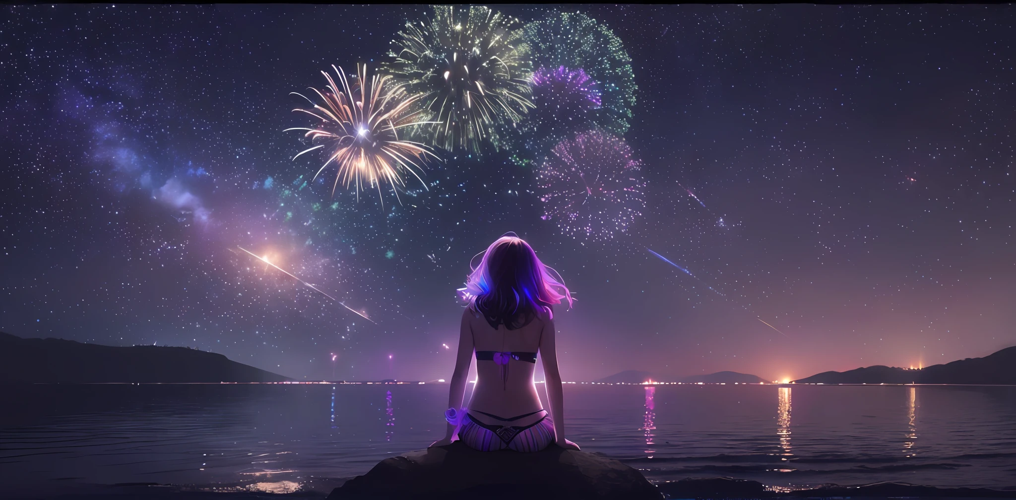 Vast night sky pictures,((Top quality:1.4),(Unparalleled masterpiece),Night Sky: 1.4,(Fireworks: 1.4, Aerial Fireworks: 1.4), highly detailed 8k CG unit,,Bokeh,Depth of field,, Beach, Sea, Volumetric Lighting,(Dynamic Composition: 1.4),Bikini girl standing on the beach, character 0.3, Very detailed, Colorful details, (Iridescent: 1.2), (glow illumination, atmosphere lighting), dreamy, magical, (solo: 1.2),