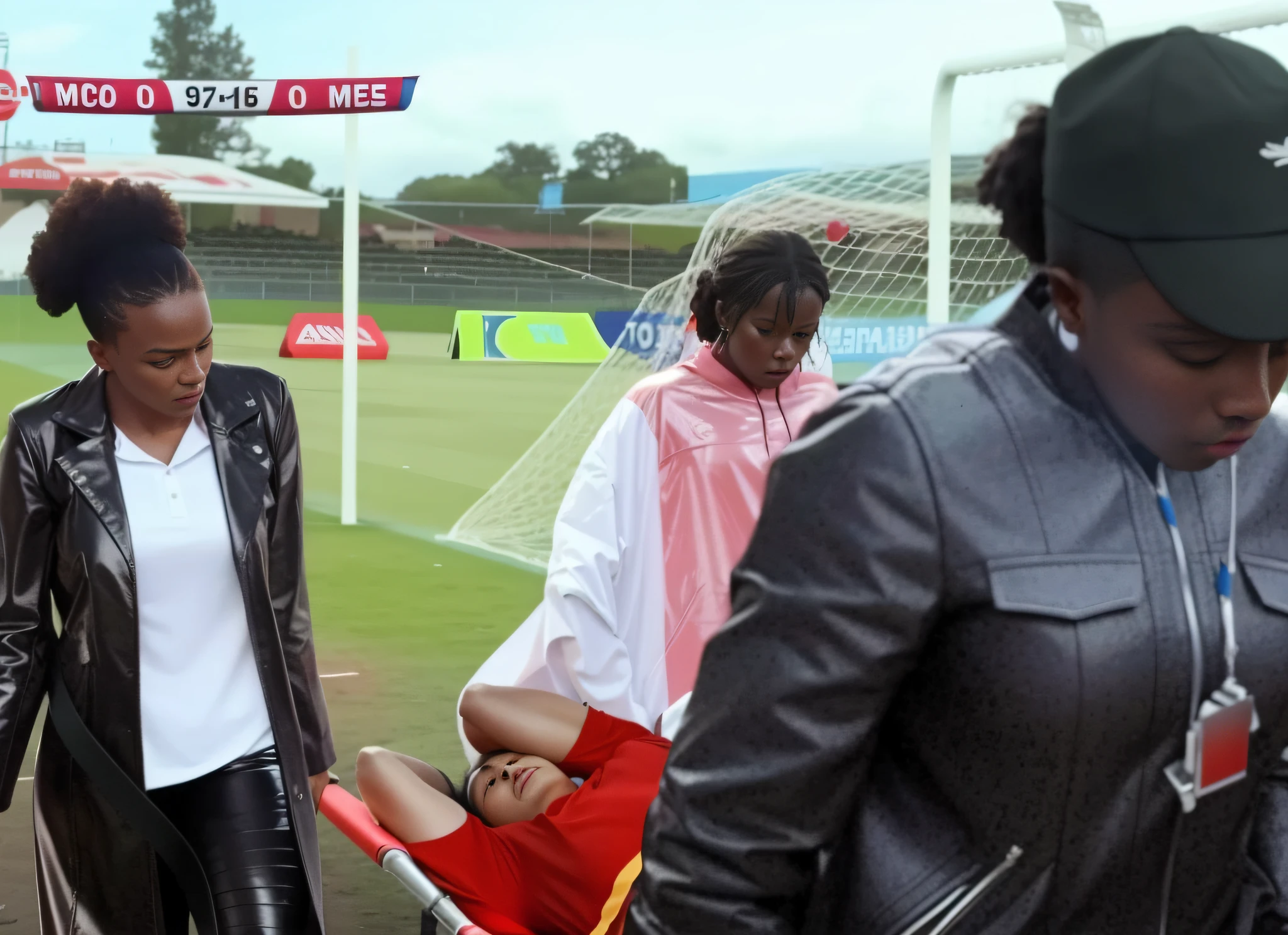 There is a man lying on a stretcher with his arms crossed over his face, a man in a red t-shirt has crossed his arms over his face, the man has an agonised face under his arms, three women are wearing very shiny coats, there are women wearing shiny leather clothes,  several women walking around a football field with an injured athlete on a stretcher, the injured athlete on the stretcher covers his face with both hands, the women look very worried, behindthe women there is a frightening atmosphere, there is heavy rainfall in the background, video still, behind the scenes, Malika Favre, screenshot, footage, 4 0 9 6, cover photo, aesthetic shot, dramatic mood, intense scene, Making of, Mongezi Ncaphayi, Thriller atmosphere, Filming, Edited