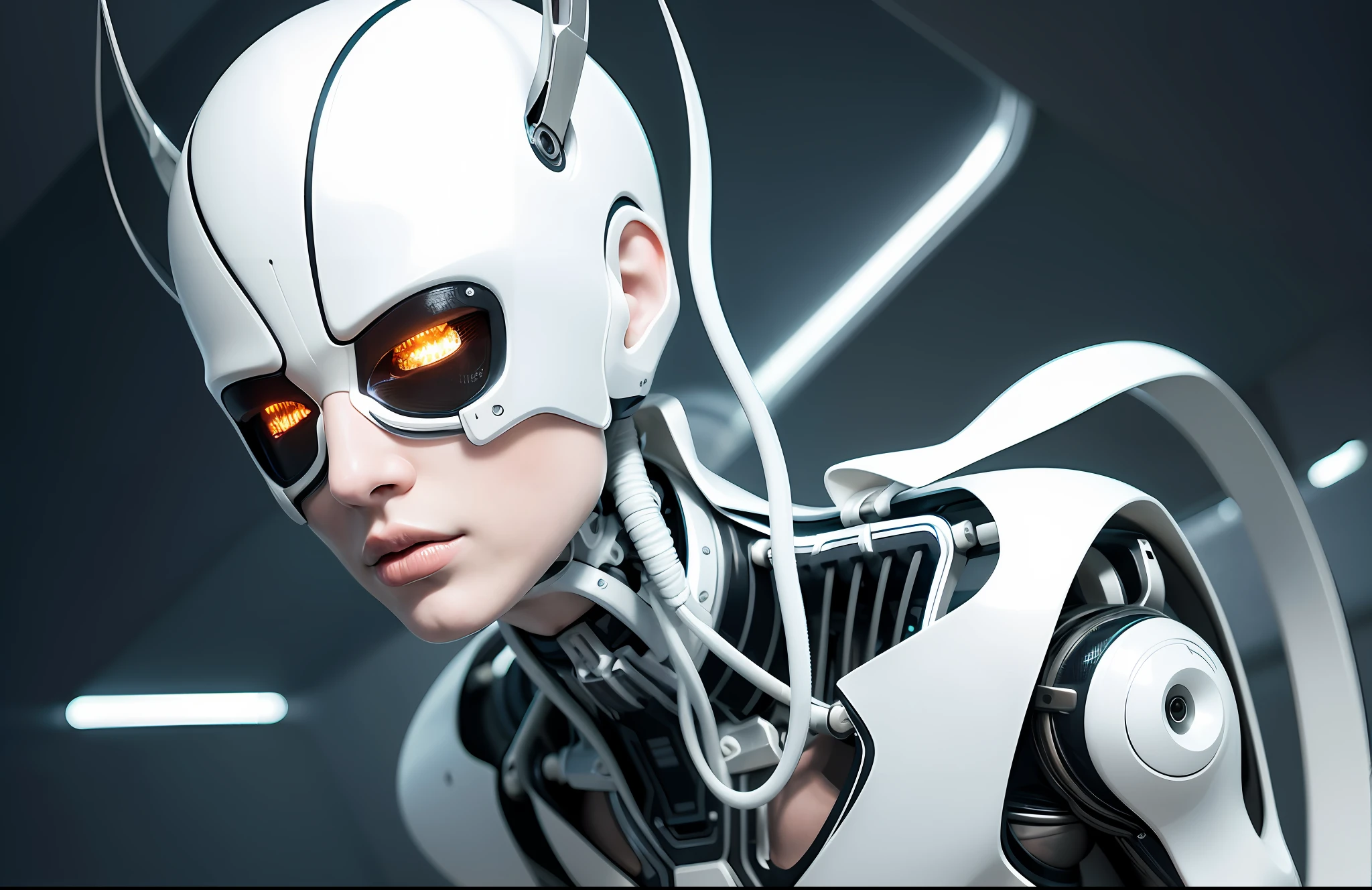 Complex 3D render ultra-detailed beautiful porcelain face profile of android woman, cyborg, robotic parts, 150mm, beautiful studio soft light, edge light, bright details, luxury cyberpunk, lace, hyperrealistic, anatomical, facial muscles, cable, electrical wires, microchip, elegant, beautiful background, octane imaging, HR Giger style, 8k, best quality, masterpiece, illustration, extremely thin and beautiful, extremely detailed, computer graphics, unity, wallpaper, (realistic, photorealistic: 1.37), stunning, finely detailed, masterpiece, best quality, official art, extremely detailed CG unity 8k wallpaper, absurd, incredibly absurd, robot, silver helmet, full body, sedentary