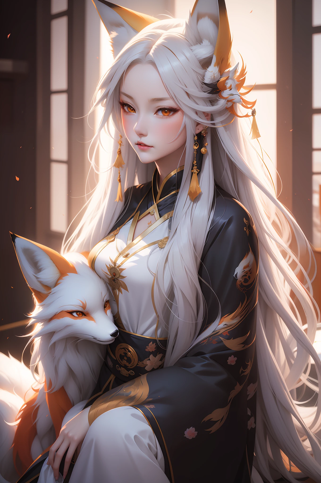 anime girl with long hair and a fox, a beautiful fox lady, white - haired fox, beautiful character painting, by Yang J, beautiful anime portrait, girl with fox ears, a beautiful kitsune woman, by Ni Tian, artwork in the style of guweiz, guweiz, by Ren Renfa, kitsune, soft anime illustration