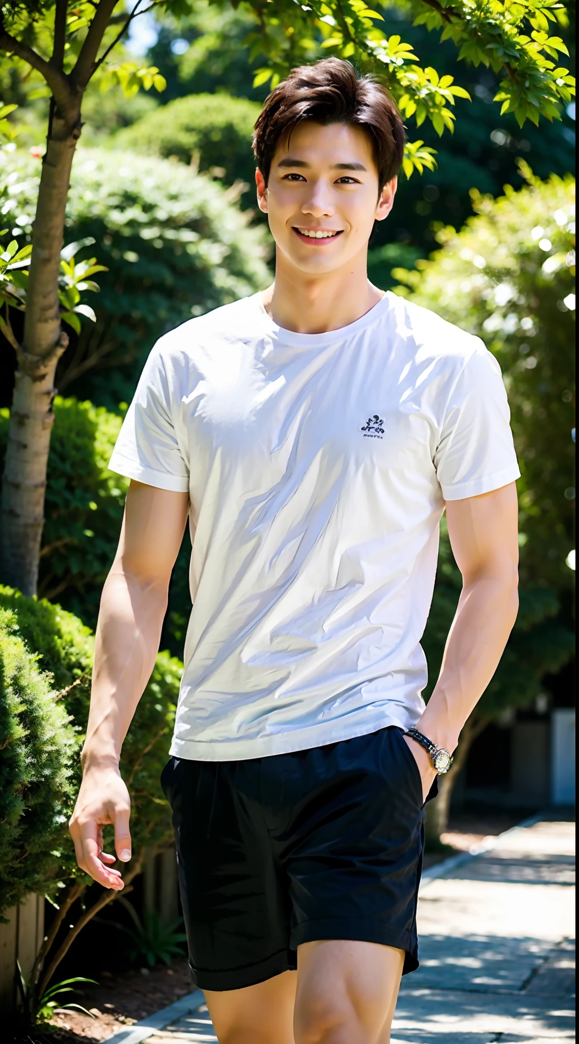 Best quality, super high resolution, (Realistic:1.4), masterpiece, blurred background , muscles, solo, 1 boy, young man , standing, white skin, wearing shirt, posing, facial focus, smile, shut up, walk through the trees of the city