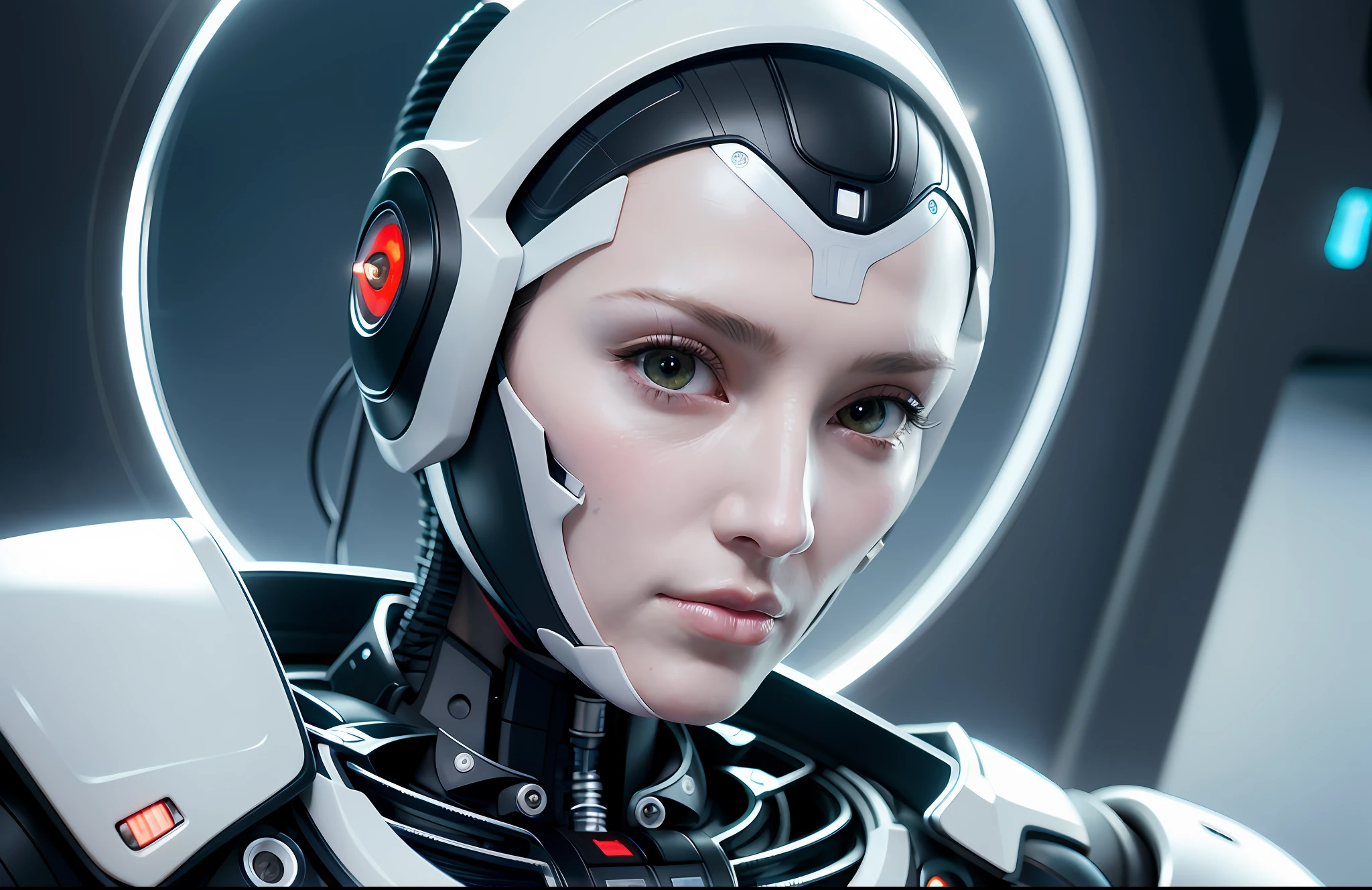 Complex 3D render ultra-detailed beautiful porcelain face profile of android woman, cyborg, robotic parts, 150mm, beautiful studio soft light, edge light, bright details, luxury cyberpunk, lace, hyperrealistic, anatomical, facial muscles, cable, electrical wires, microchip, elegant, beautiful background, octane imaging, HR Giger style, 8k, best quality, masterpiece, illustration, extremely thin and beautiful, extremely detailed, computer graphics, unity, wallpaper, (realistic, photorealistic: 1.37), stunning, finely detailed, masterpiece, best quality, official art, extremely detailed CG unity 8k wallpaper, absurd, incredibly absurd, robot, silver helmet, full body, sedentary
