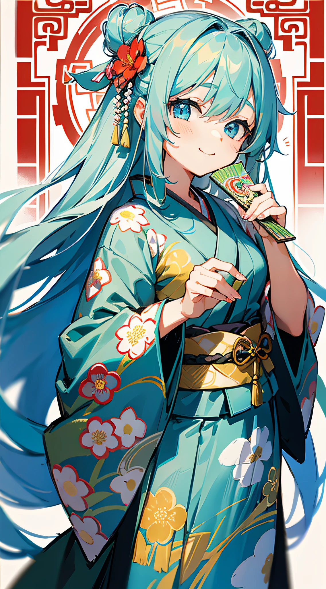 Masterpiece, super-high-resolution, cute girl, whole body, Chinese ancient style, gray long hair, green kimono, blue hair, flowing long hair, flower embellishment, blue eyes, hairpin, cute little , cute cute cute, thick paint, gentle smile, holding a fan