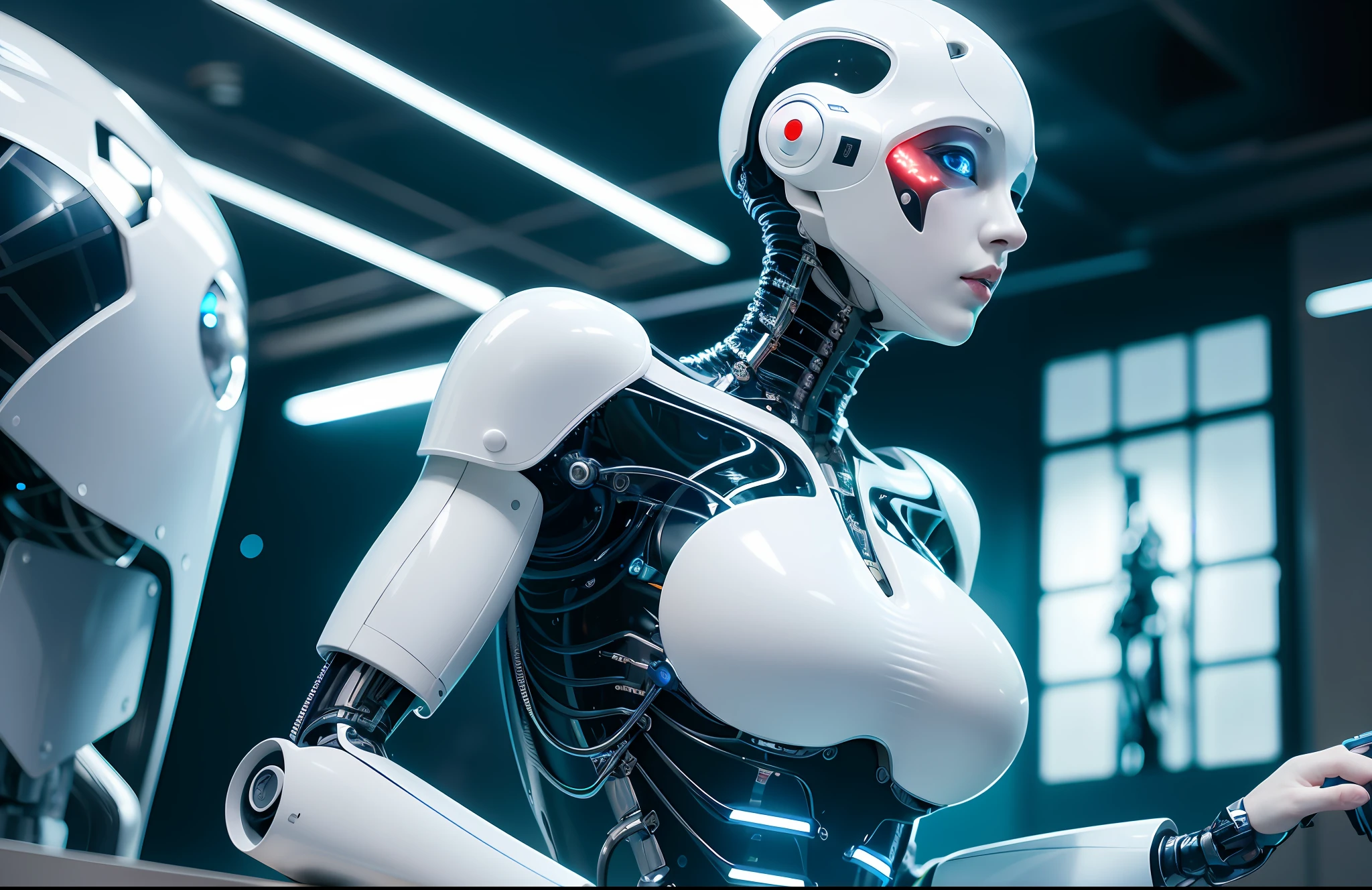 Complex 3D render ultra-detailed beautiful porcelain face profile of android woman, cyborg, robotic parts, 150mm, beautiful studio soft light, edge light, bright details, luxury cyberpunk, lace, hyperrealistic, anatomical, facial muscles, cable, electrical wires, microchip, elegant, beautiful background, octane imaging, HR Giger style, 8k, best quality, masterpiece, illustration, extremely thin and beautiful, extremely detailed, computer graphics, unity, wallpaper, (realistic, photorealistic: 1.37), stunning, finely detailed, masterpiece, best quality, official art, extremely detailed CG unity 8k wallpaper, absurd, incredibly absurd, robot, silver helmet, full body, sedentary
