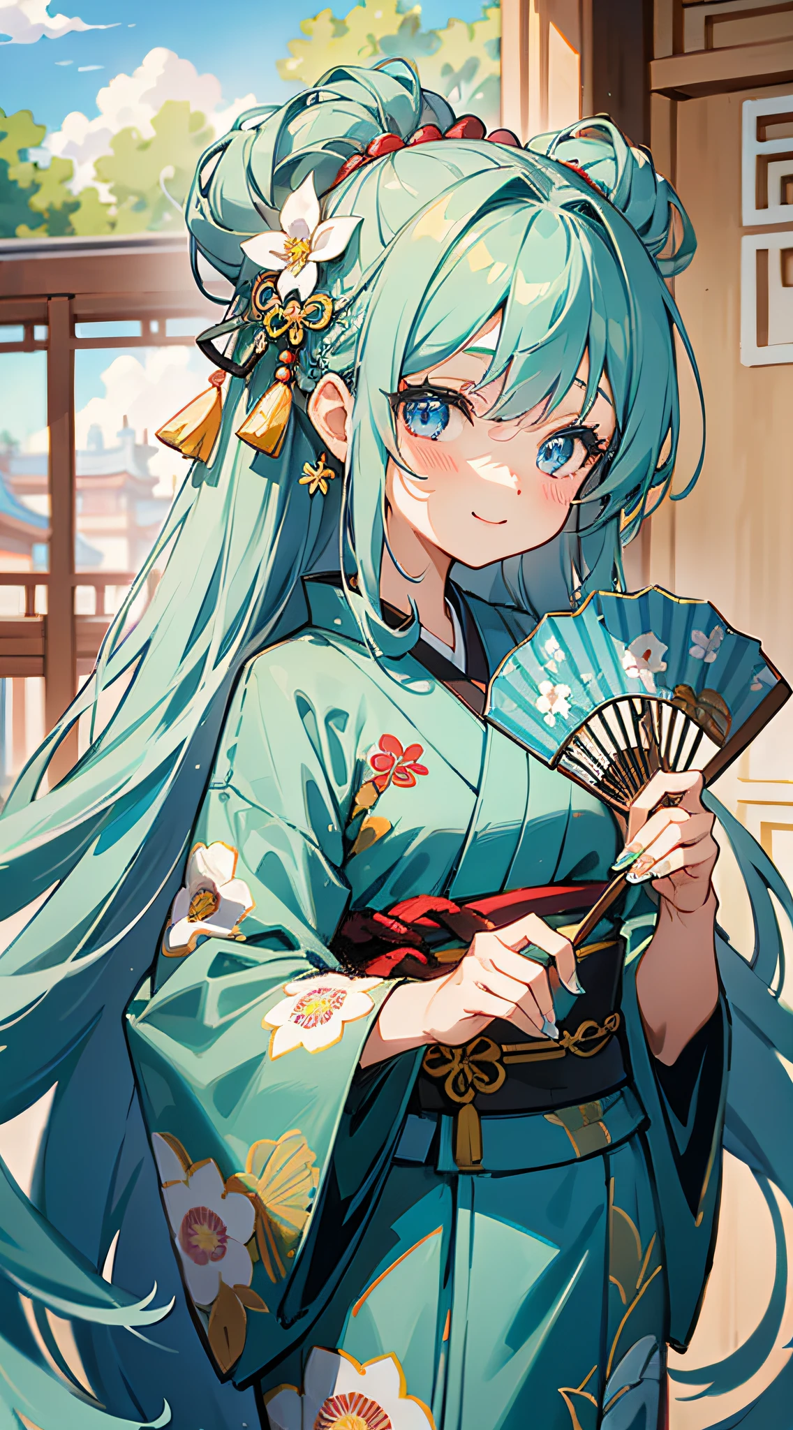 Masterpiece, super-high-resolution, cute girl, whole body, Chinese ancient style, gray long hair, green kimono, blue hair, flowing long hair, flower embellishment, blue eyes, hairpin, cute little loli, cute cute cute, thick paint, gentle smile, holding a fan