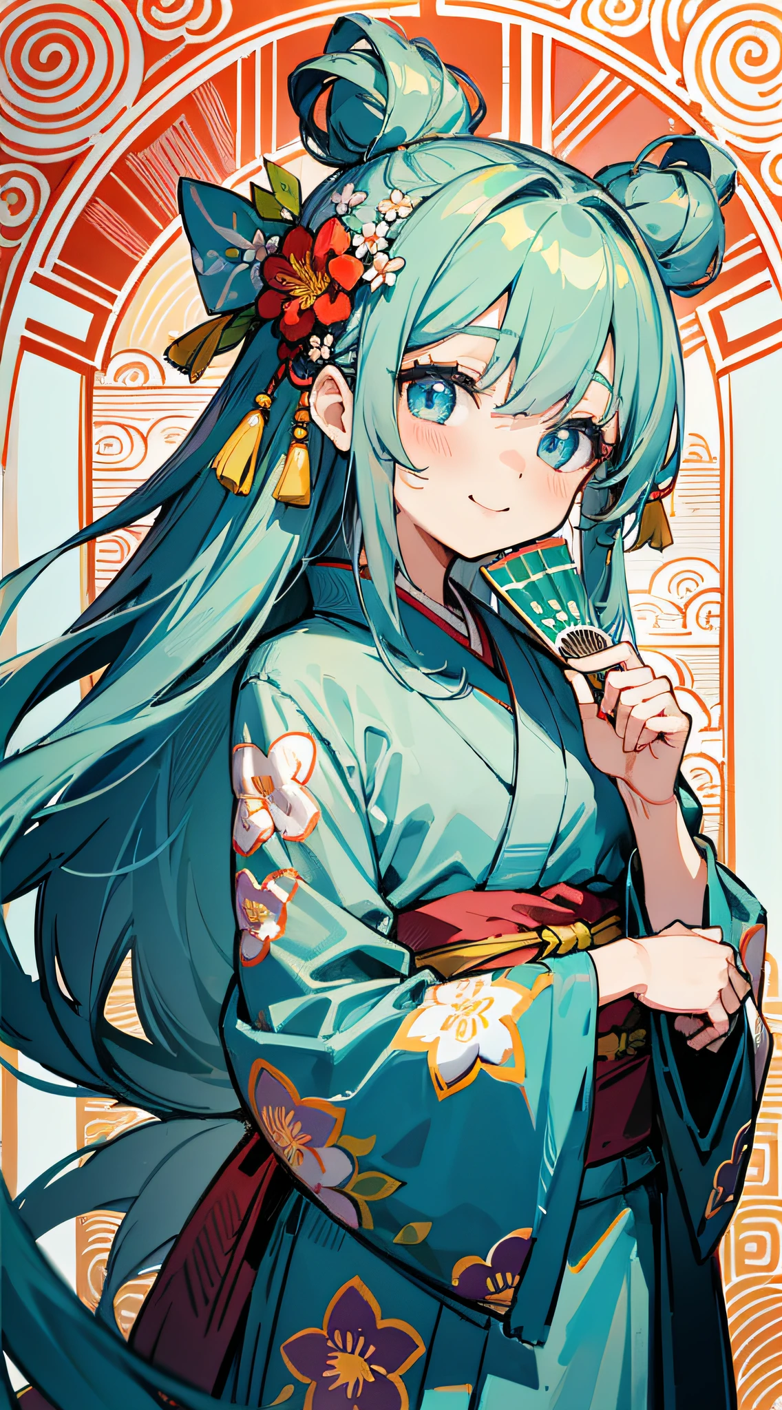 Masterpiece, super-high-resolution, cute girl, whole body, Chinese ancient style, gray long hair, green kimono, blue hair, flowing long hair, flower embellishment, blue eyes, hairpin, cute little li, cute cute cute, thick paint, gentle smile, holding a fan