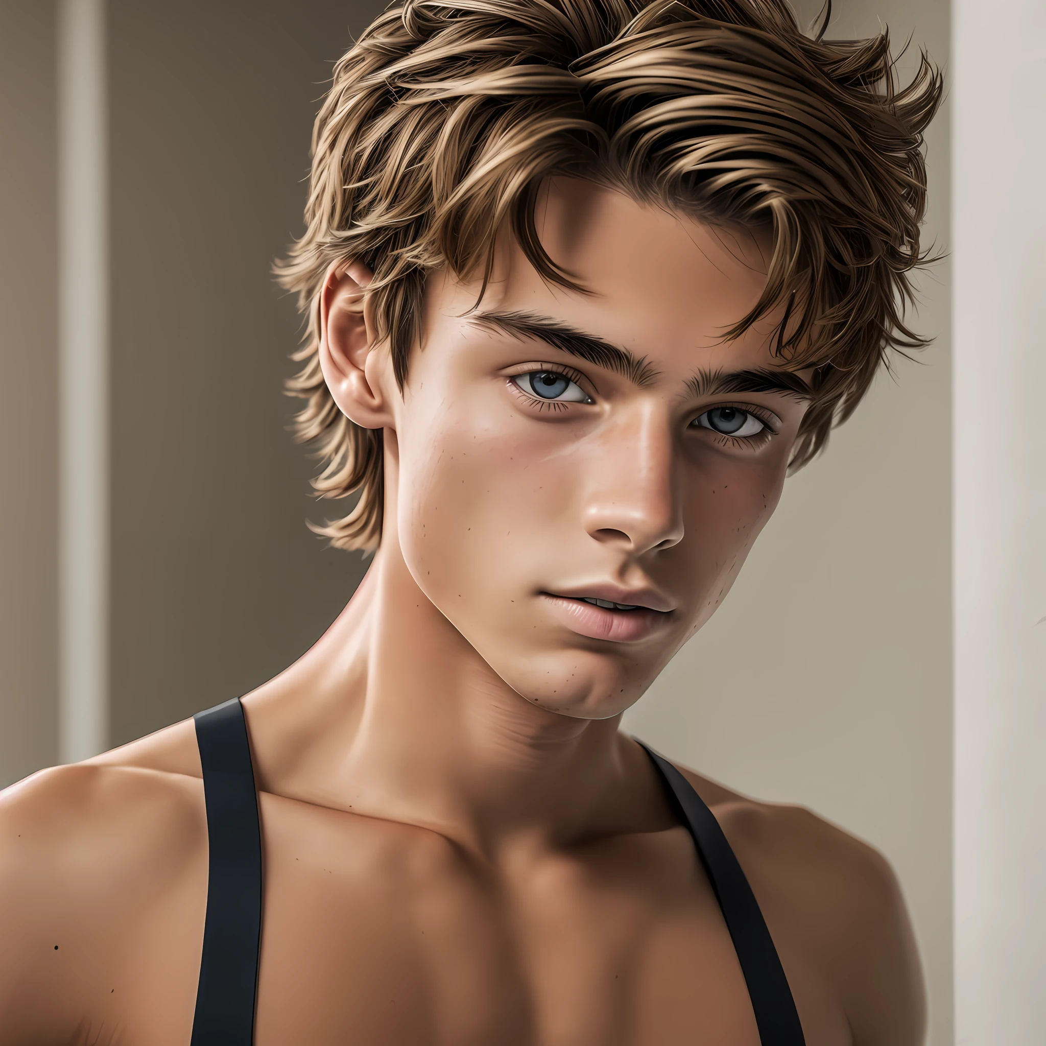 RAW photo, photo, photorealistic, Bold RAW photo, skinny teenage boy? ((sexy twink)), 16 years old, (feeling nervous: 0.8 | feeling naughty: 0.5), pleasure: 0.8 | deep throat : 0.7 | : 0.6), (before his wife comes home: 1.2), athletic physique, detailed skin, thin eyes. sporty body, skin texture, leather, details, natural light, clear focus, cinematic, crystal clear, intricate details, 16 years old, guy, extremely realistic, high quality, very detailed, dramatic lighting, digital art trends on Artstation 8k HD detailed realistic, detailed, skin texture, super detailed, realistic skin texture, skinny young man, bare-chested model, tight swimming trunks --auto --s2