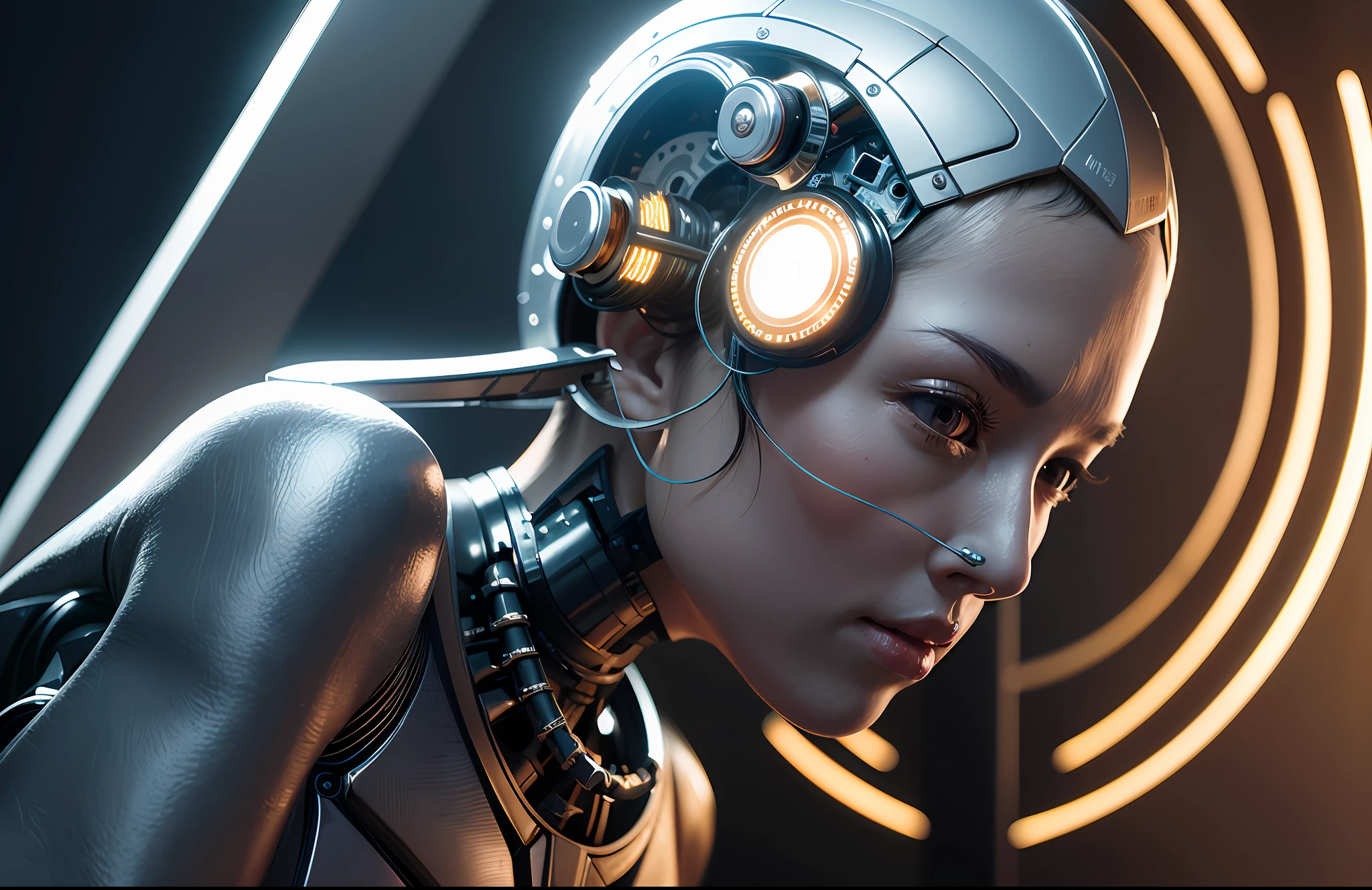 in golden tones, flashes of light or sun, complex 3D render ultra-detailed beautiful porcelain face profile of android woman, cyborg, robotic parts, 150mm, beautiful studio soft light, edge light, bright details, luxury cyberpunk, lace, hyperrealistic, anatomical, facial muscles, cable, electrical wires, microchip, elegant, beautiful background, octane imaging, HR Giger style, 8k, best quality, masterpiece, illustration, extremely delicate and beautiful, extremely detailed, cg, unity, wallpaper, (realistic, photorealistic: 1.37), stunning, finely detailed, masterpiece, best quality, official art, extremely detailed CG unity 8k wallpaper, absurd, incredibly absurd, robot, silver helmet, full body, sedentary