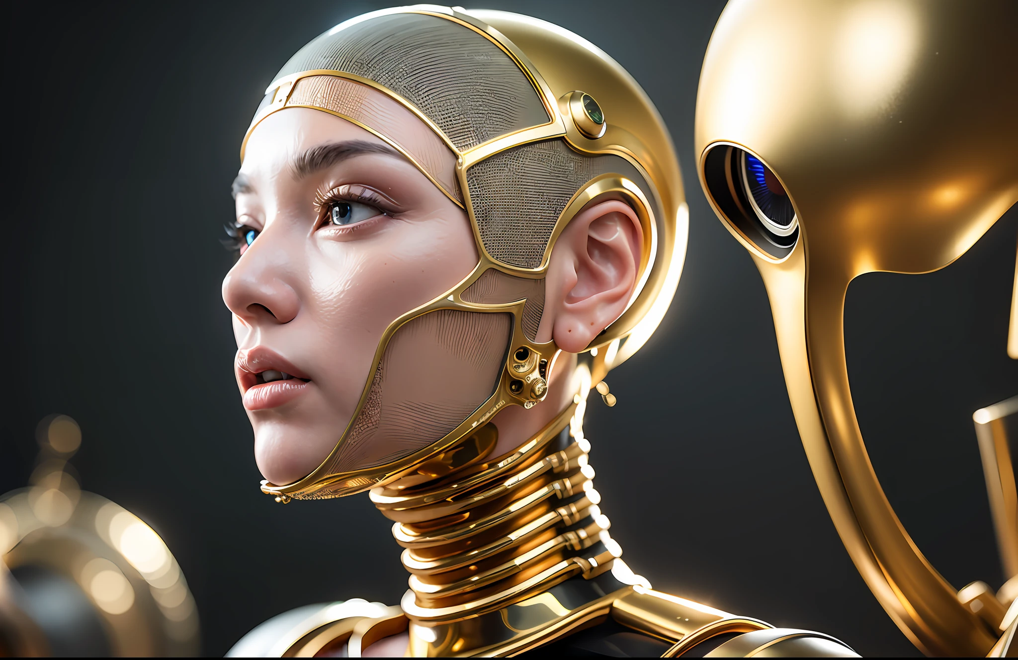 in golden tones, flashes of light or sun, complex 3D render ultra-detailed beautiful porcelain face profile of android woman, cyborg, robotic parts, 150mm, beautiful studio soft light, edge light, bright details, luxury cyberpunk, lace, hyperrealistic, anatomical, facial muscles, cable, electrical wires, microchip, elegant, beautiful background, octane imaging, HR Giger style, 8k, best quality, masterpiece, illustration, extremely delicate and beautiful, extremely detailed, cg, unity, wallpaper, (realistic, photorealistic: 1.37), stunning, finely detailed, masterpiece, best quality, official art, extremely detailed CG unity 8k wallpaper, absurd, incredibly absurd, robot, silver helmet, full body, sedentary