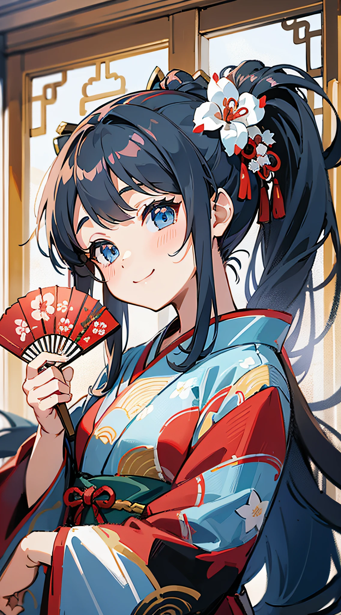 Masterpiece, super-high-resolution, cute girl, half-body, Chinese ancient style, gray long hair, red kimono, flowing long hair, double ponytail, flower embellishment, blue eyes, hairpin, cute little loli, cute cute cute, thick paint, gentle smile, holding a fan