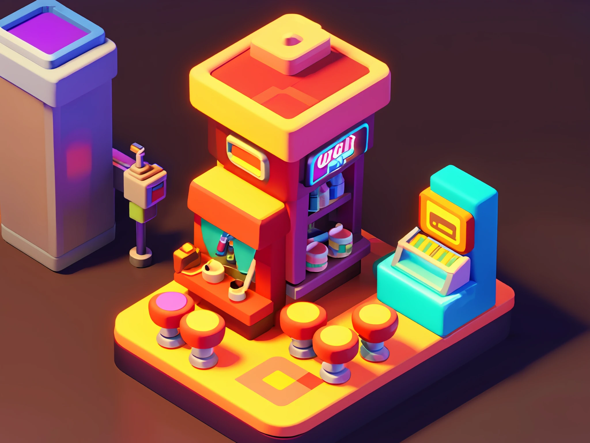 masterpiece, best quality, toon,3d, cyberpunk, arcade, bar, coffee shop