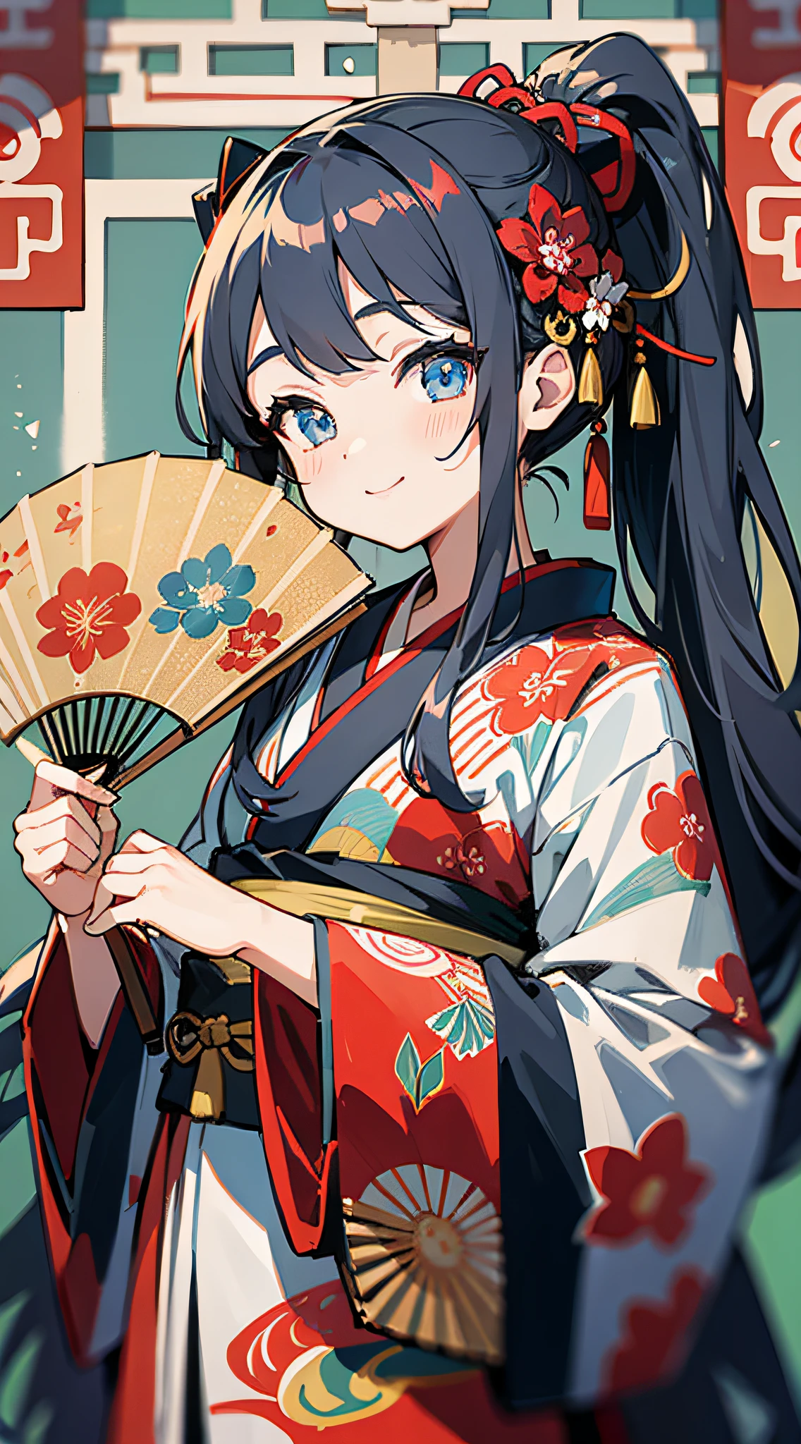Masterpiece, super-high-resolution, cute girl, half-body, Chinese ancient style, gray long hair, red kimono, flowing long hair, double ponytail, flower embellishment, blue eyes, hairpin, cute little loli, cute cute cute, thick paint, gentle smile, holding a fan