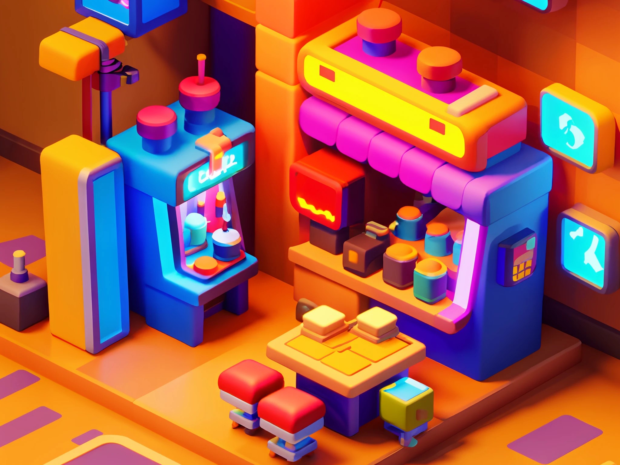 masterpiece, best quality, toon,3d, cyberpunk, arcade, bar, coffee shop